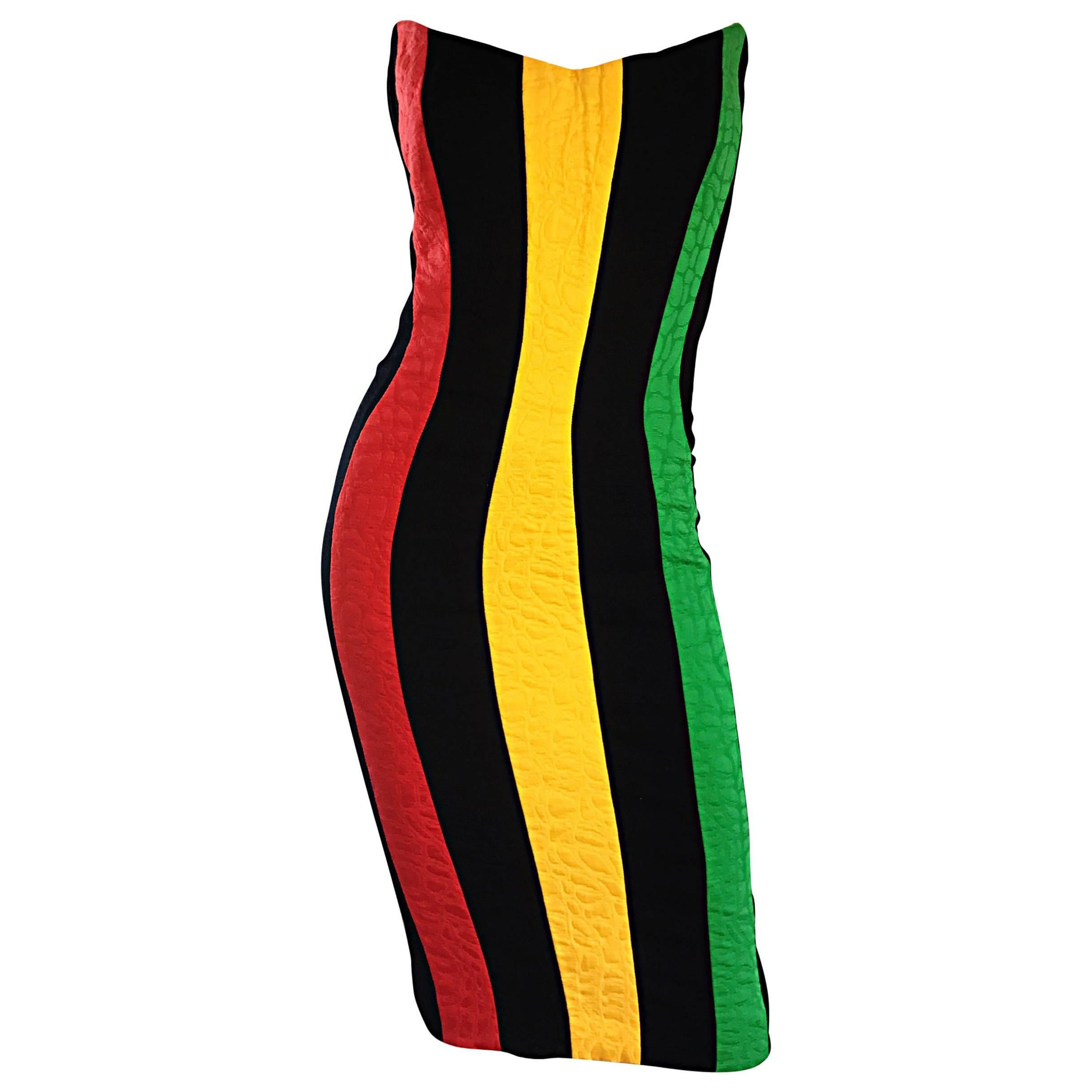 Bob Mackie - Magnifique robe sans bretelles vintage vert + jaune + rouge + noir, taille 12 en vente