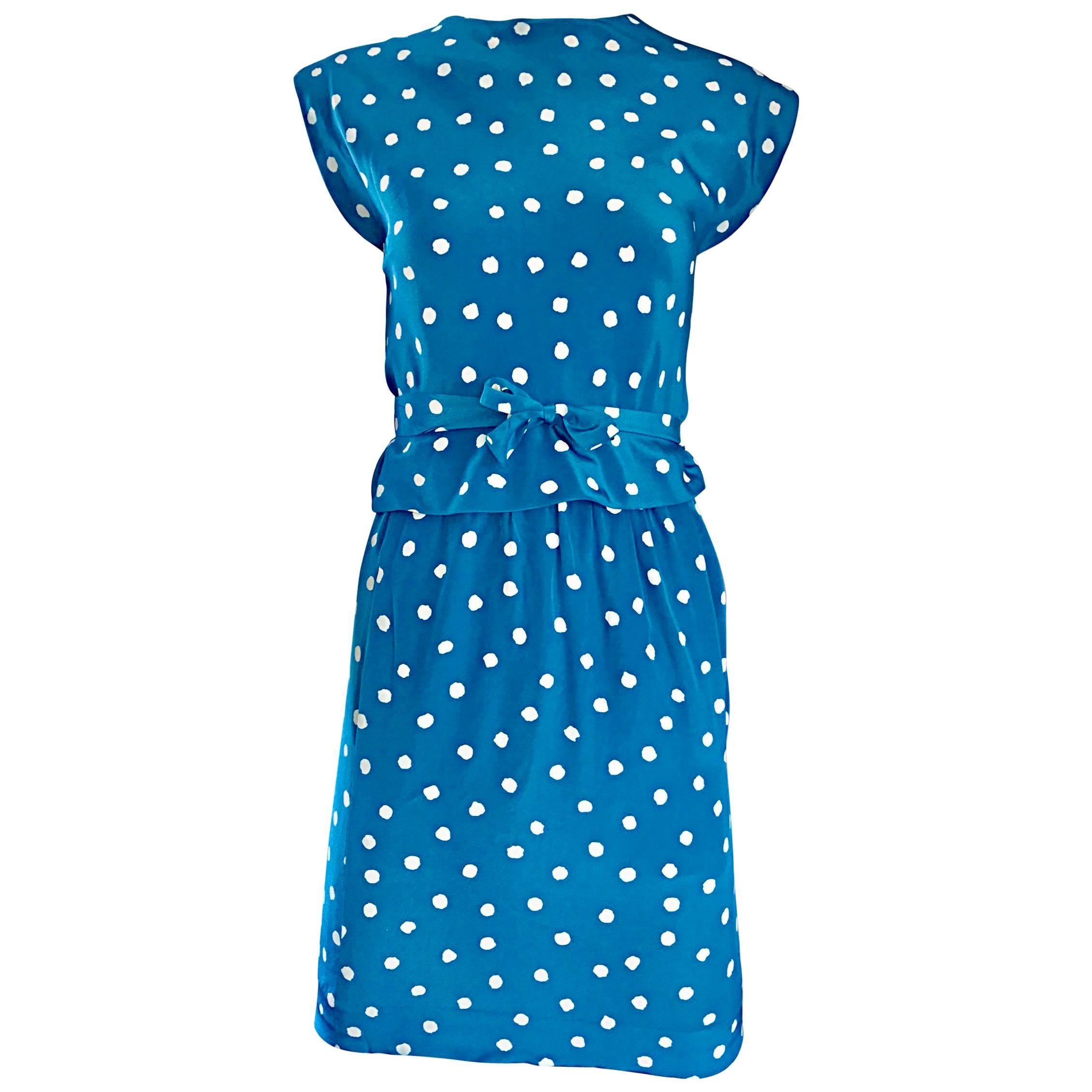 Vintage Oscar de la Renta Bright Blue and White Polka Dot Dress Ensemble Size 4