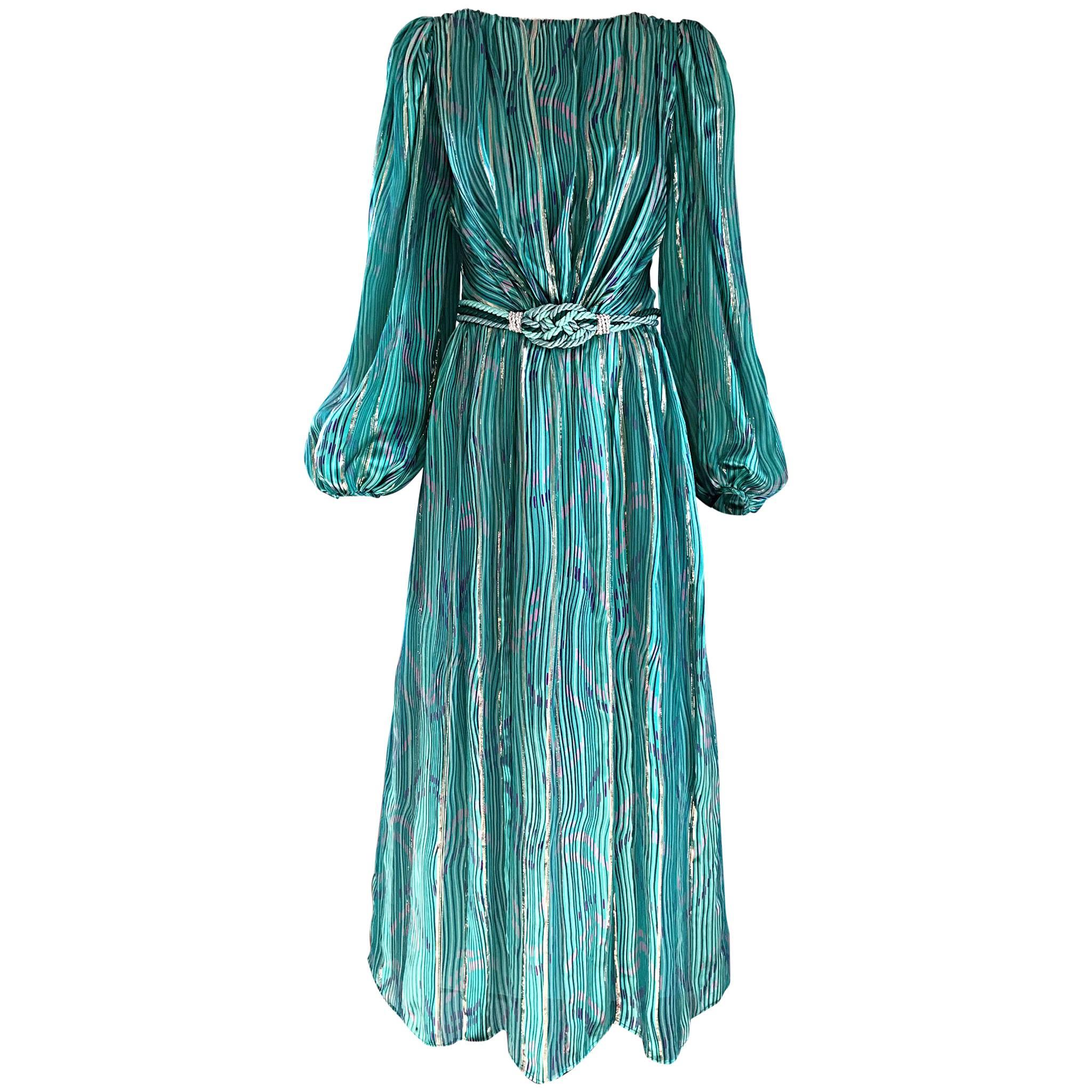1970s Diane Dickinson Vintage Green + Gold Silk Rhinestone Belted Gown / Dress