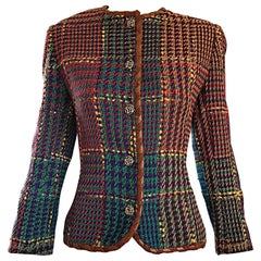 Retro 1990s Emanuel Ungaro Size 8 10 Leather Trim Colorful Herringbone Blazer Jacket 