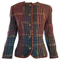 Vintage Emanuel Ungaro Leather Trimmed Colorful Herrinbone 1990s Blazer Jacket 2