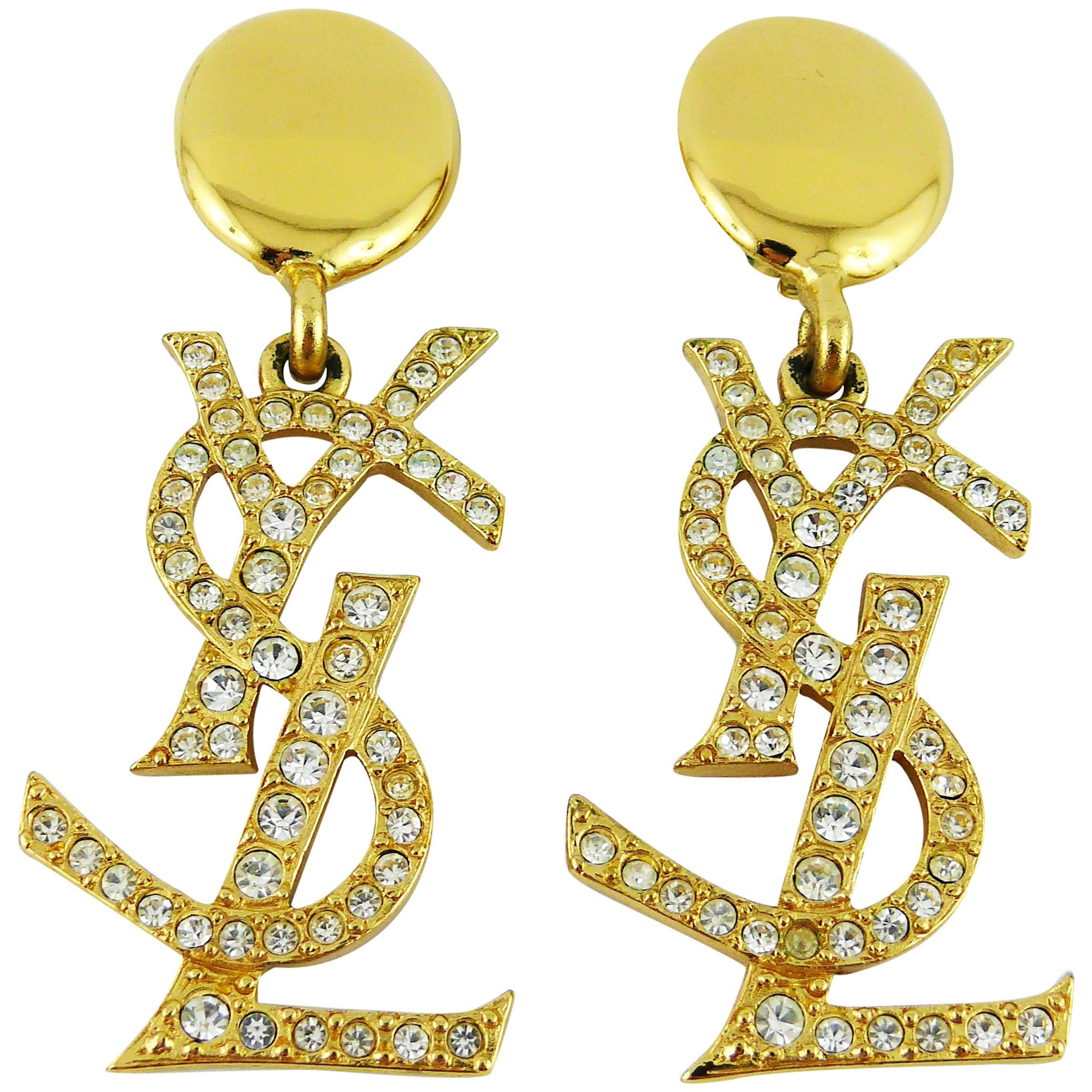 Yves Saint Laurent YSL Vintage Rare Massive Diamante Logo Dangling Earrings
