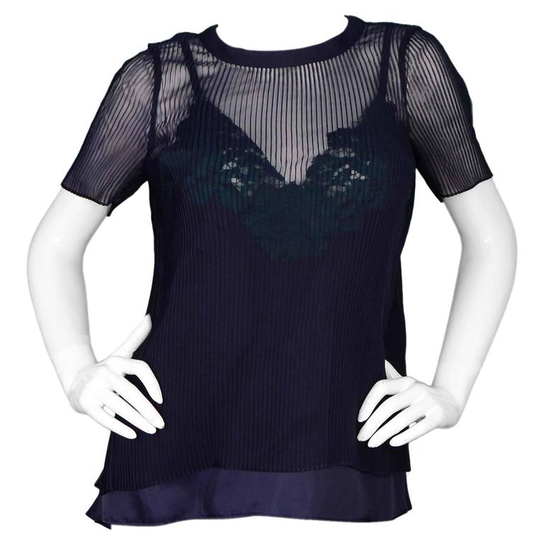 Sacai Navy Pleated Sheer Top w/ Lace Cami Detail Sz S For Sale at 1stdibs