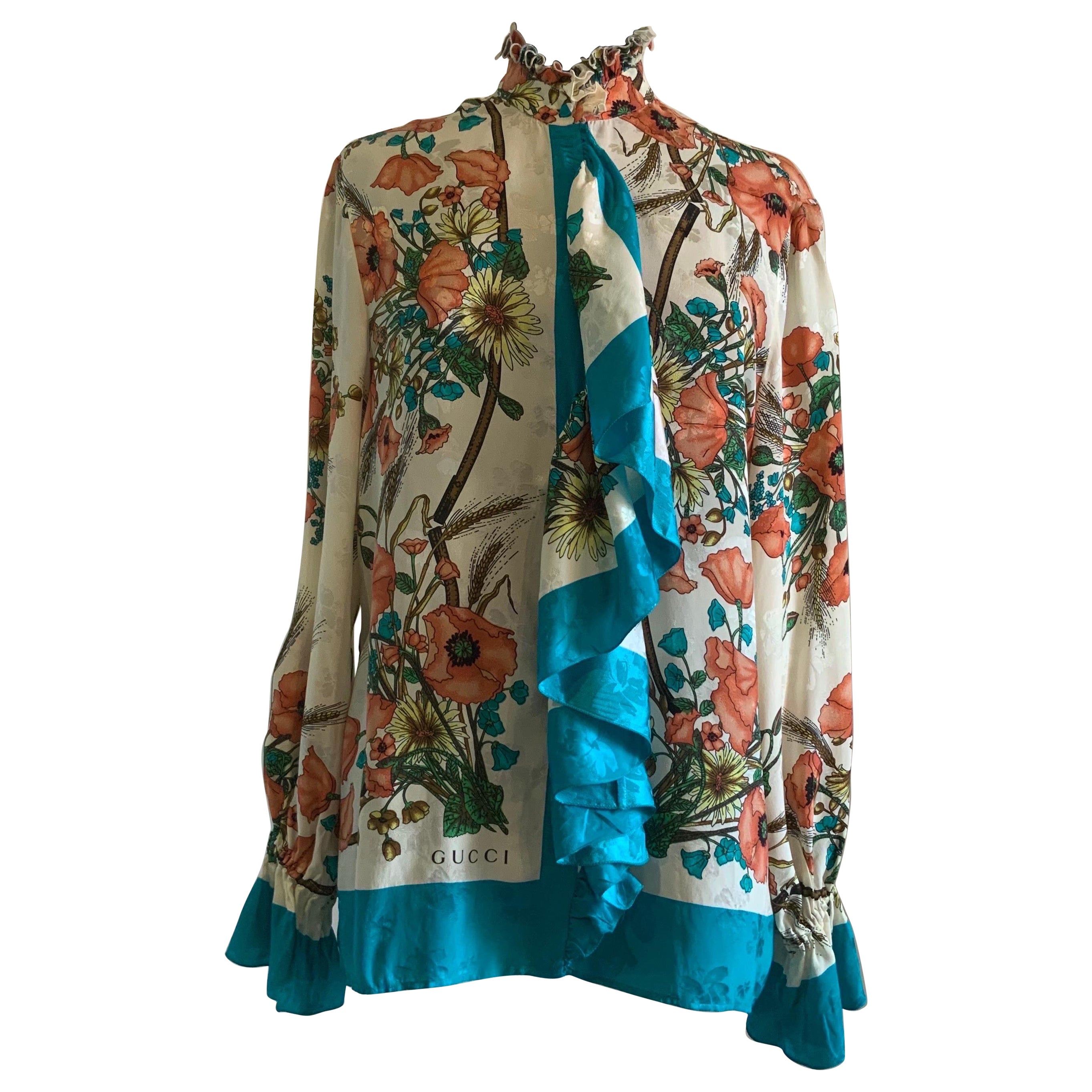 Gucci 19 Ruffled floral silk Jaquard Bluse  For Sale