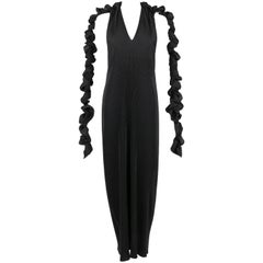 Vintage ISSEY MIYAKE Black Halter Full Length Evening Dress Streamer Wrap Scarf Size 3