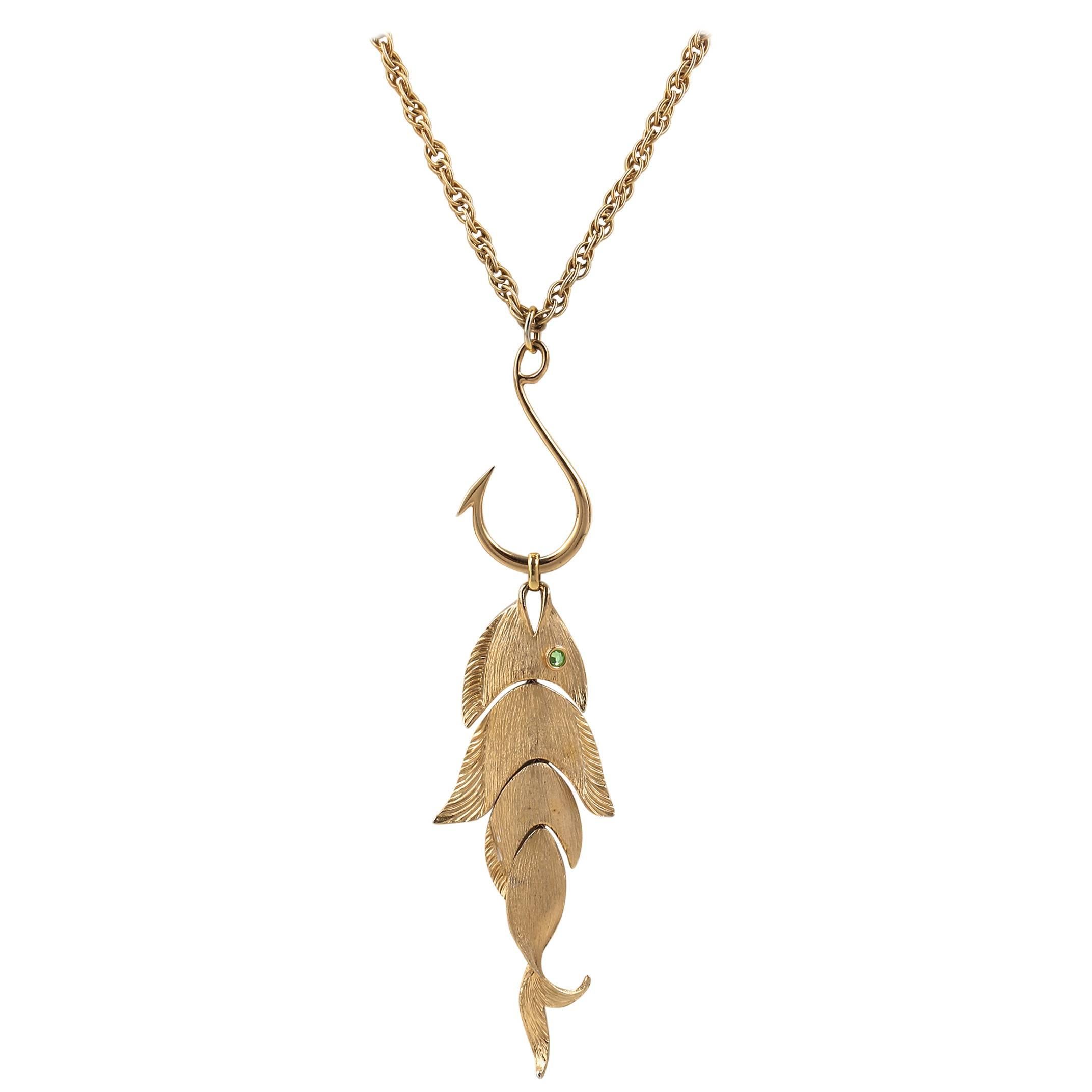 NAPIER c.1970's Huge Gold Articulated Fish w/ Hook Pendant Statement Necklace