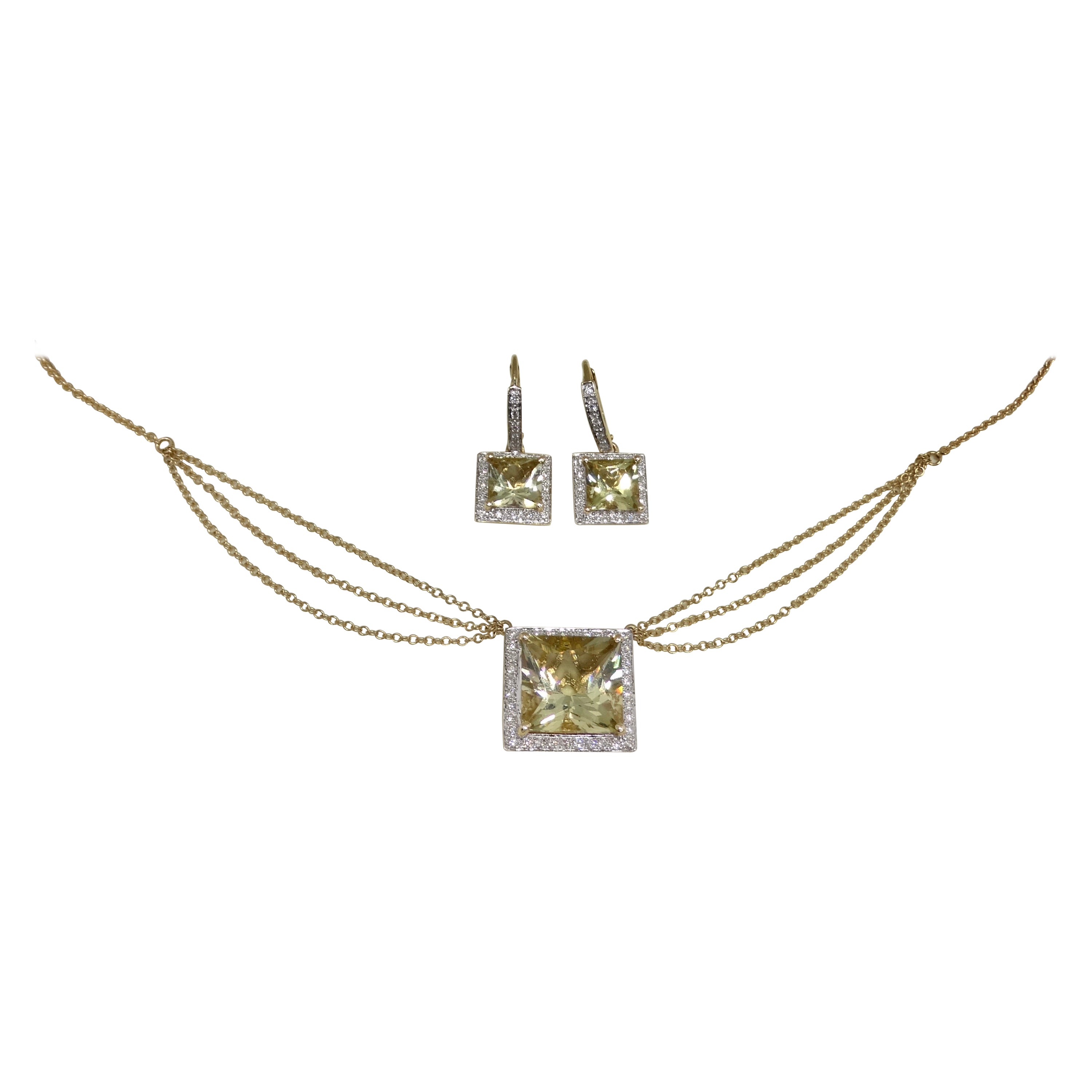 14K Gold Citrine Diamond Necklace and Earrings Set For Sale