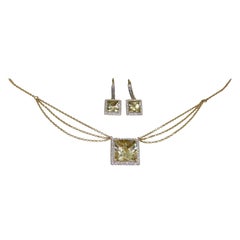 Vintage 14K Gold Citrine Diamond Necklace and Earrings Set