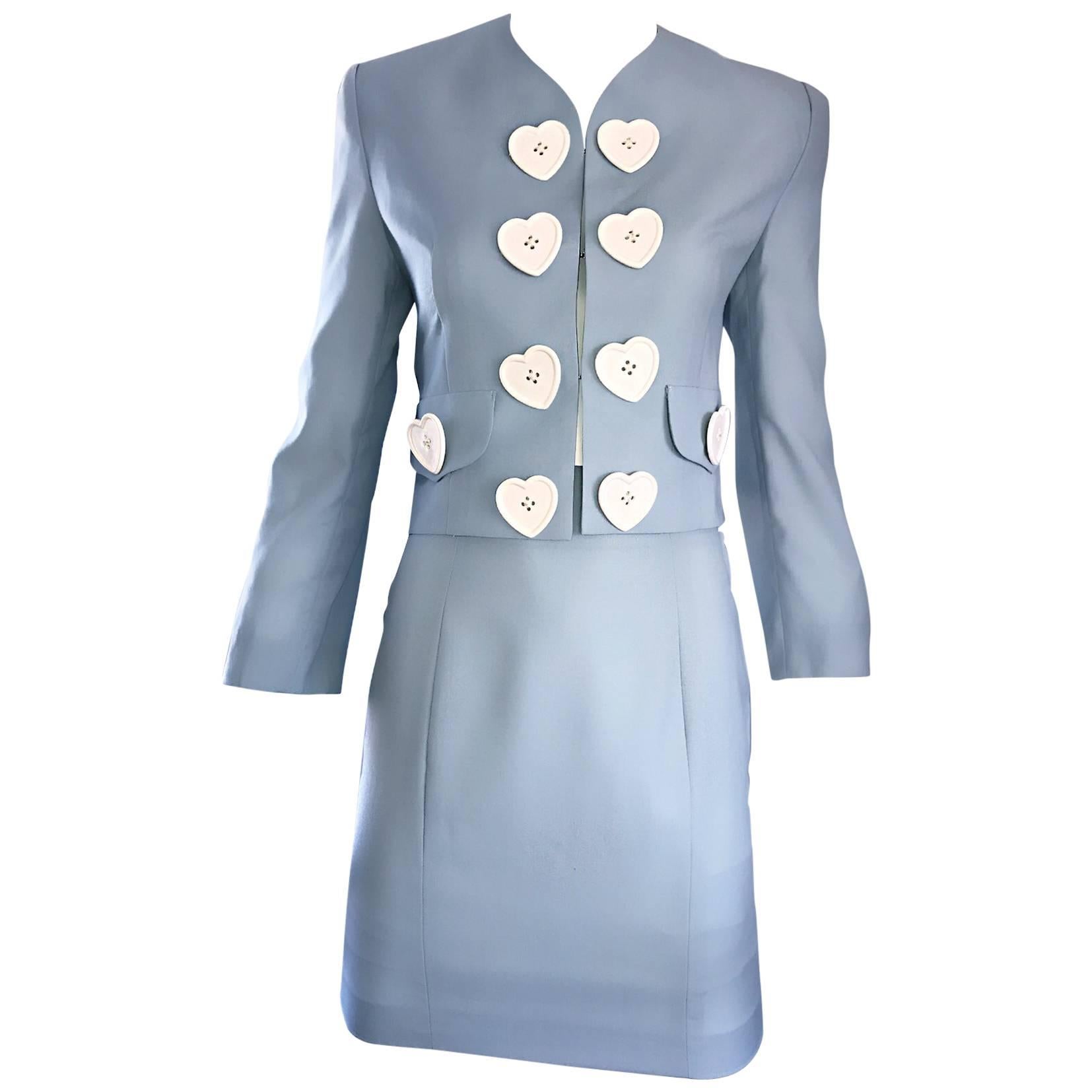 Vintage Moschino Cheap & Chic Pale Blue 1990s Heart Buttons Novelty Skirt Suit