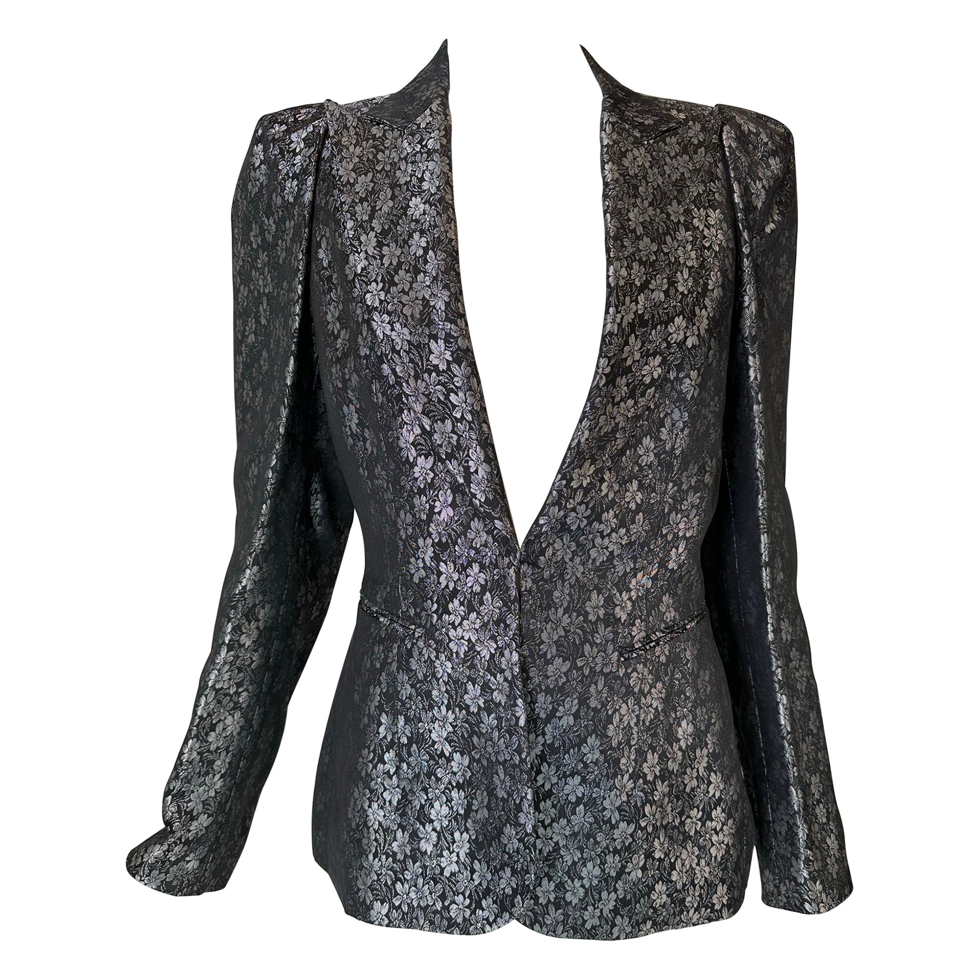 Richard Tyler Black & Silver Brocade Tailored Single Breasted Jacket 1990s For Sale