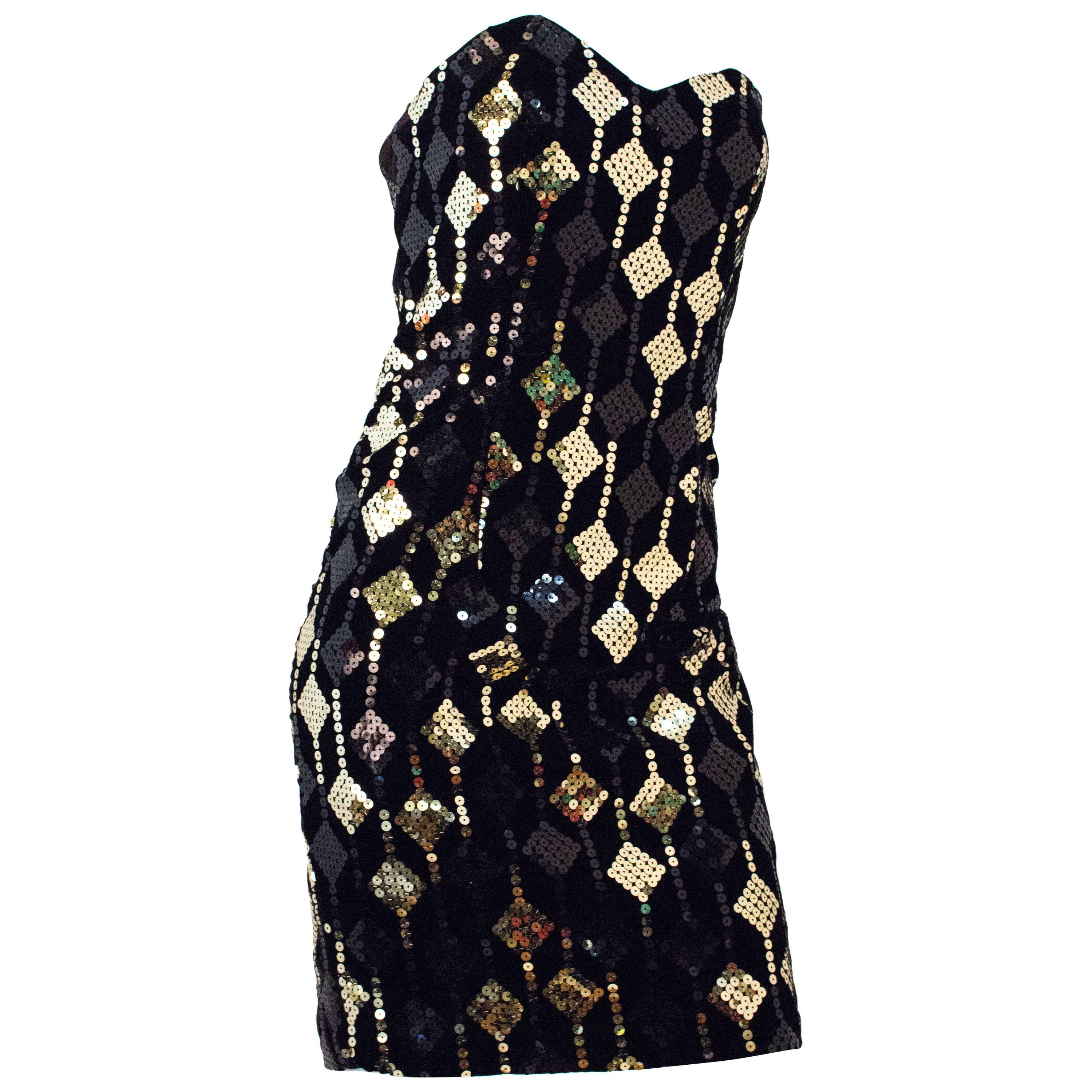 80s Black Velvet Diamond Sequin Strapless Mini Dress
