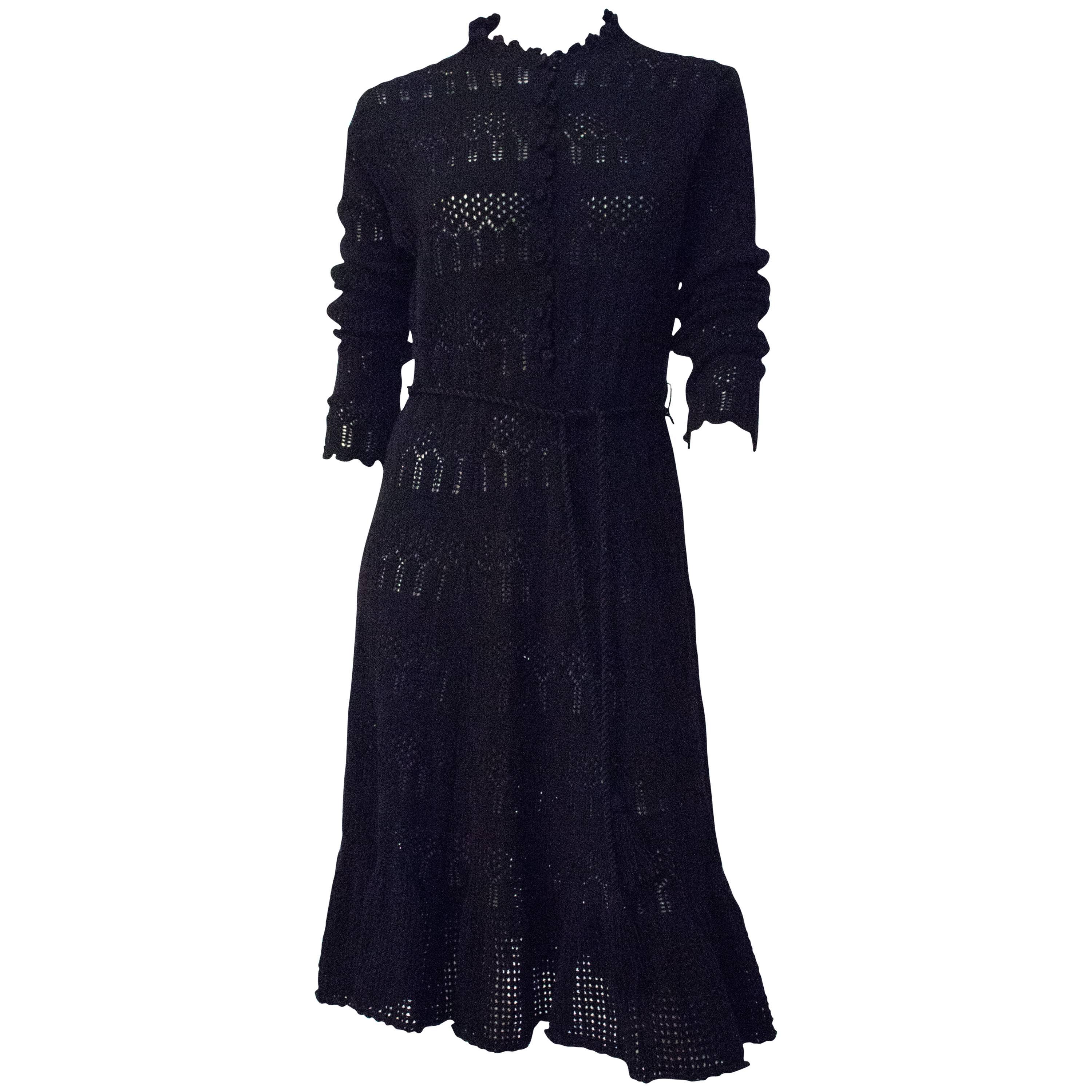 70s Black Crochet Long Sleeve Dress