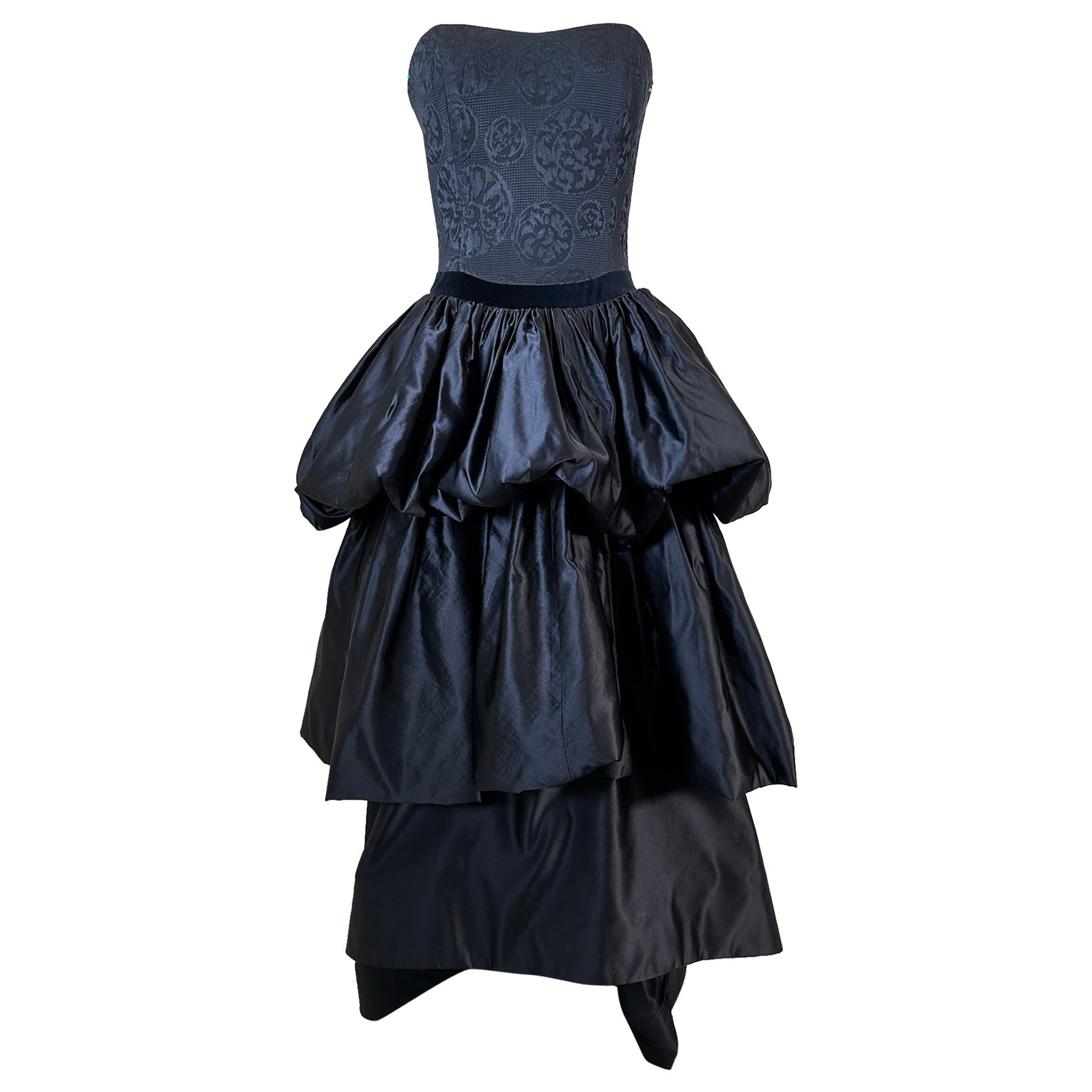 Louis Feraud Blue Damask Dark Blue Silk Tiered Poof Evening Gown With Train  For Sale