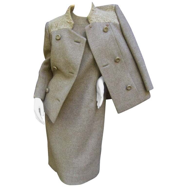 Peck and Peck Rare Broadtail Trim Brown Wool Jacket and Sheath Ensemble ...