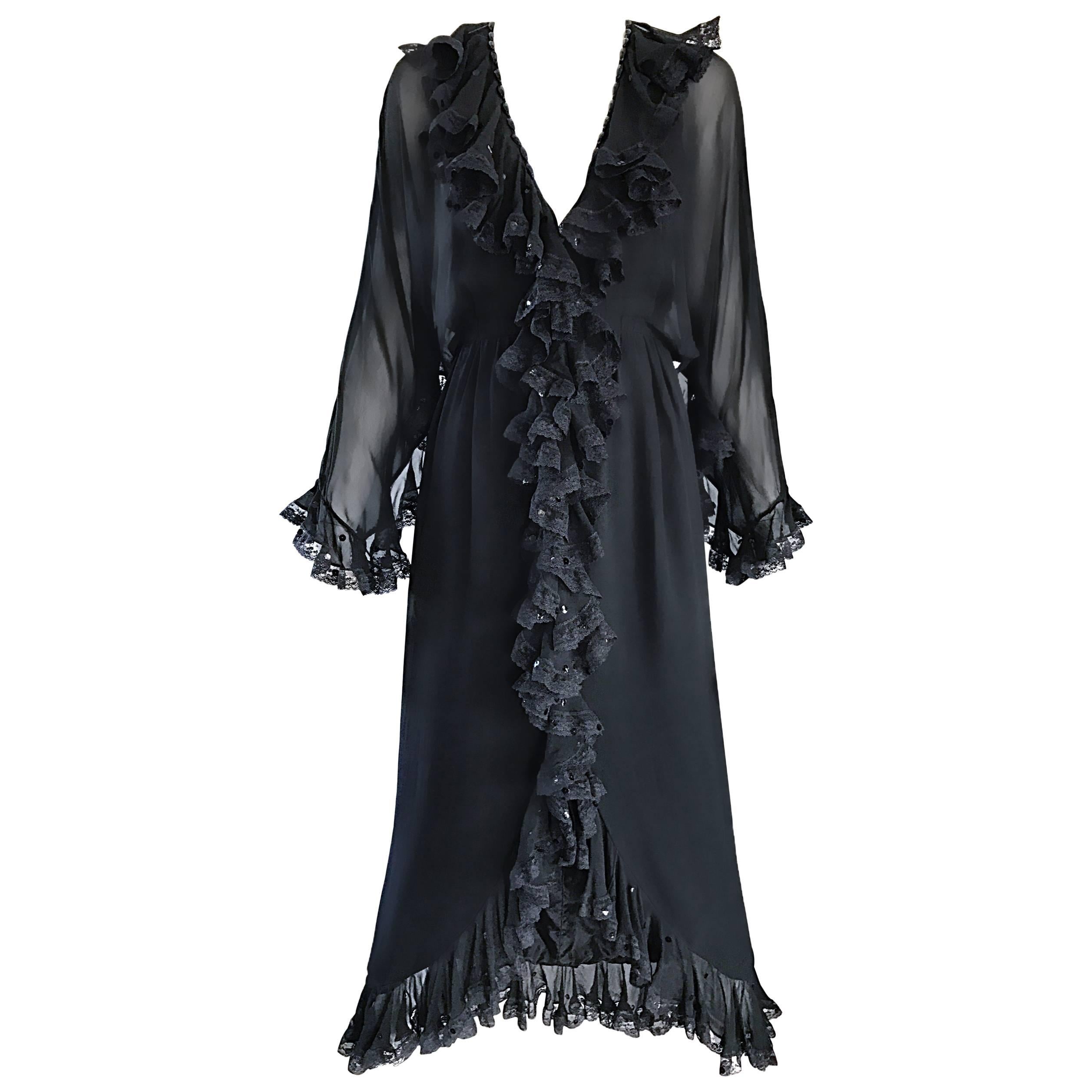Vintage Bill Blass 1970s Black Silk Chiffon and Lace Sequined Boho 70s Dress For Sale
