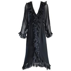 Vintage Bill Blass 1970s Black Silk Chiffon and Lace Sequined Boho 70s Dress