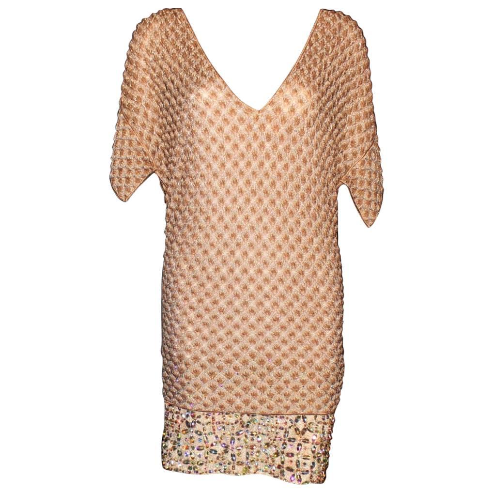Missoni Gold Metallic Crochet Knit Beaded Crystal Dress