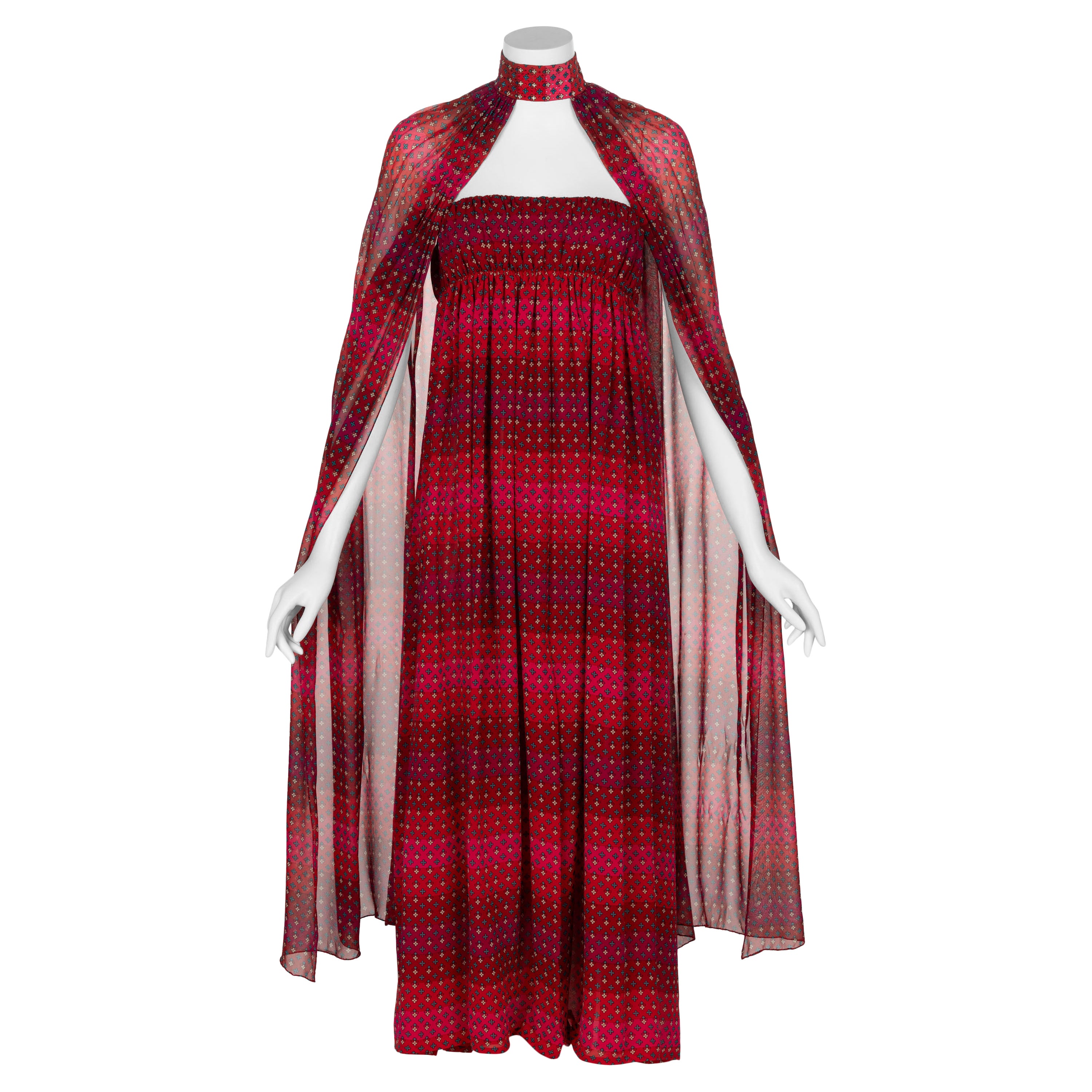 1970s  Pauline Trigère Red Print Strapless Dress & Cape Set For Sale