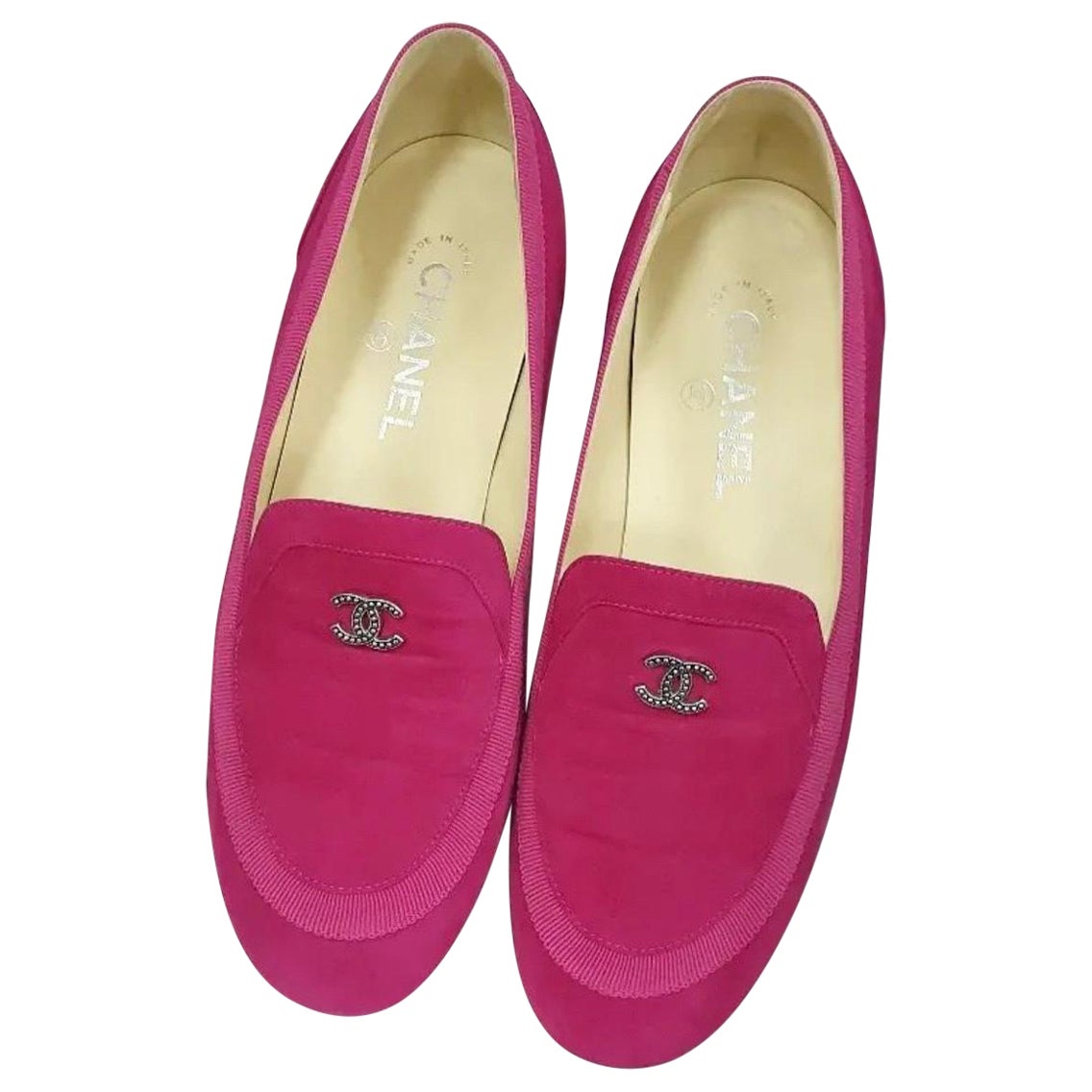 Chanel Pink Suede Leather CC Slip On Loafers For Sale