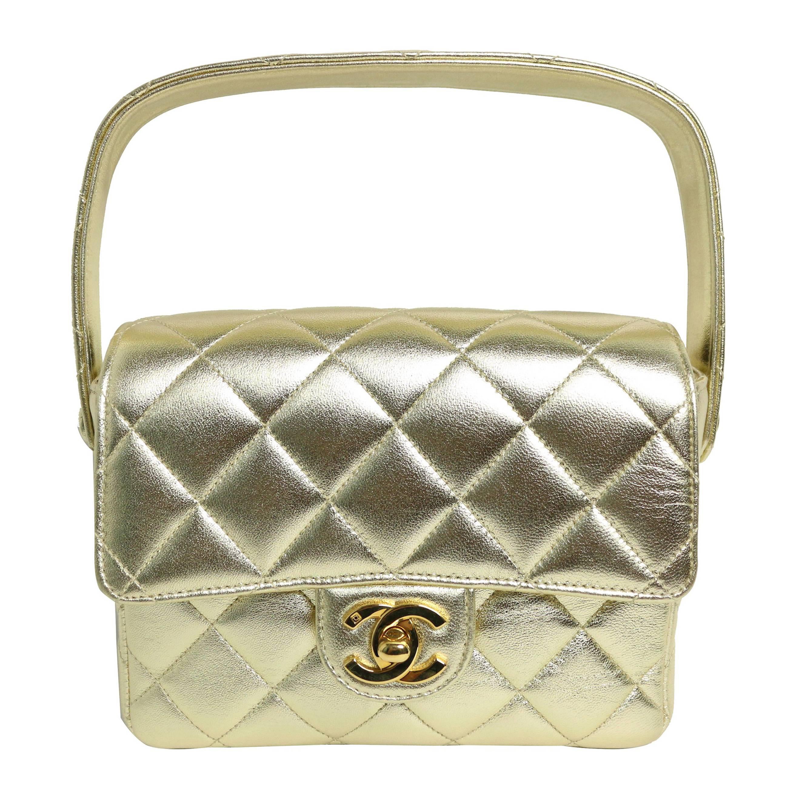 Chanel Square Mini Gold Metallic Lambskin Quilted  Flap Handbag   For Sale