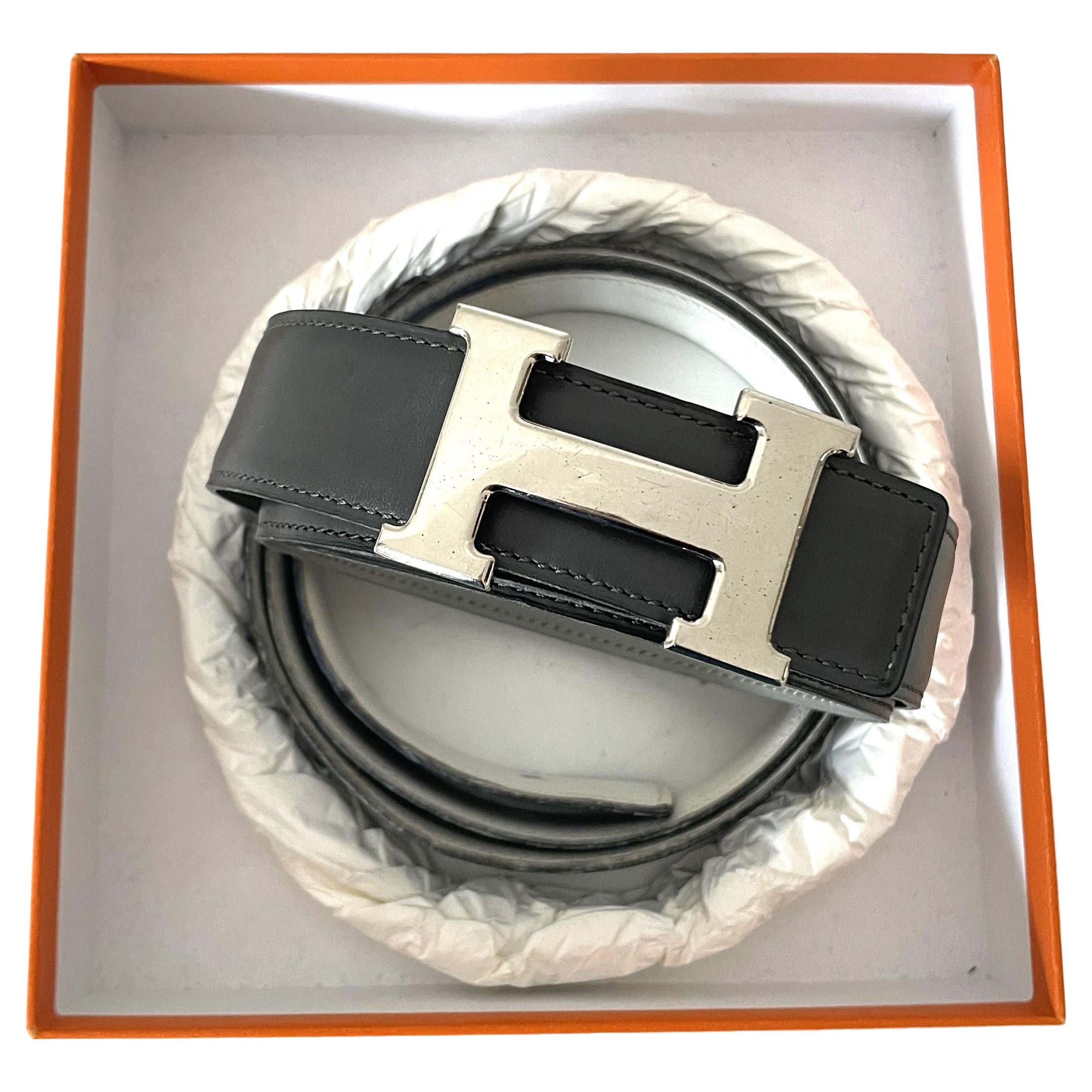 Hermes Etoupe Black 85cm Epsom Swift H Silver Buckle Constance Belt Kit  Classic