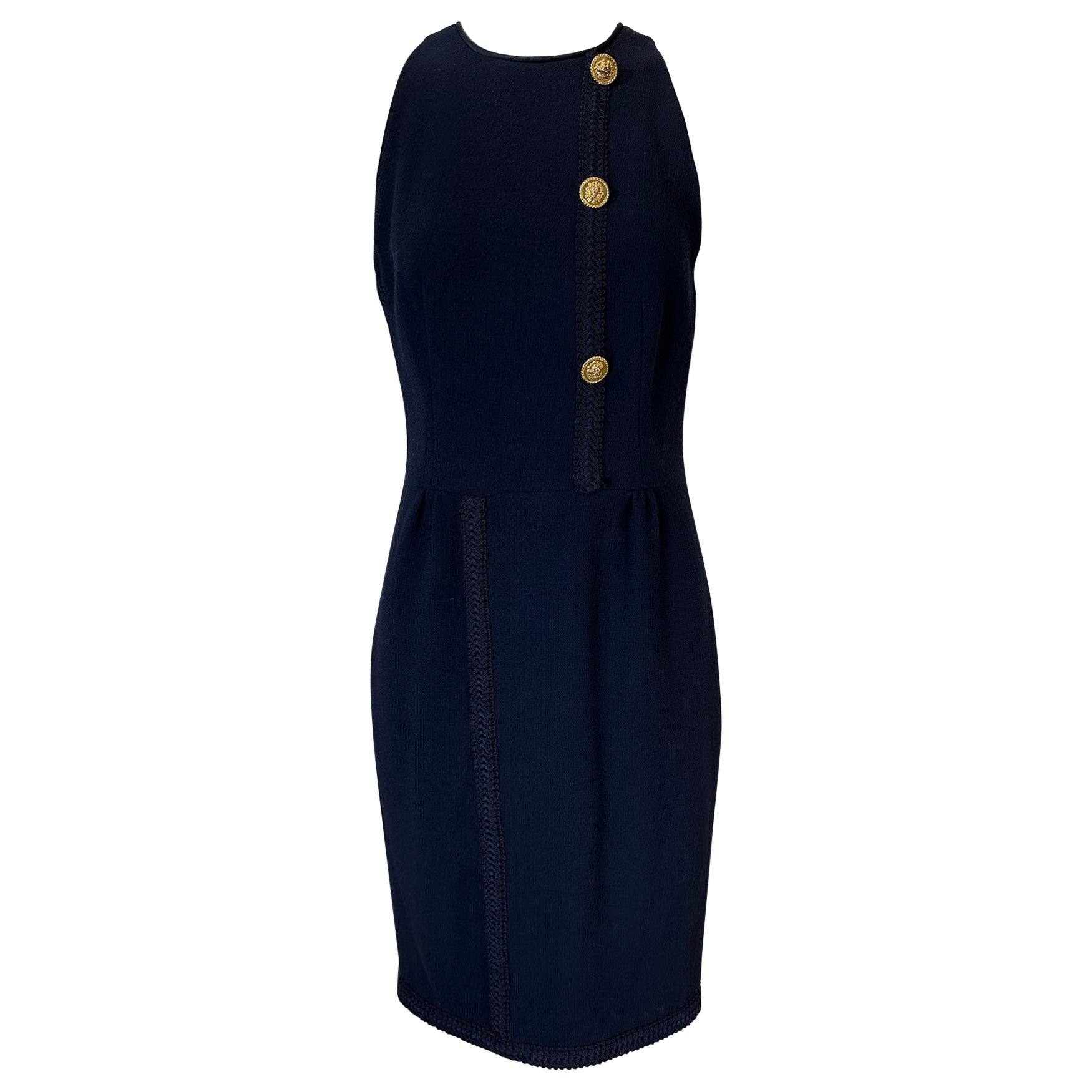 Irene Galitzine Couture Navy Blue Racer Neck Fitted Sheath Braid Trim Dress 1960 For Sale