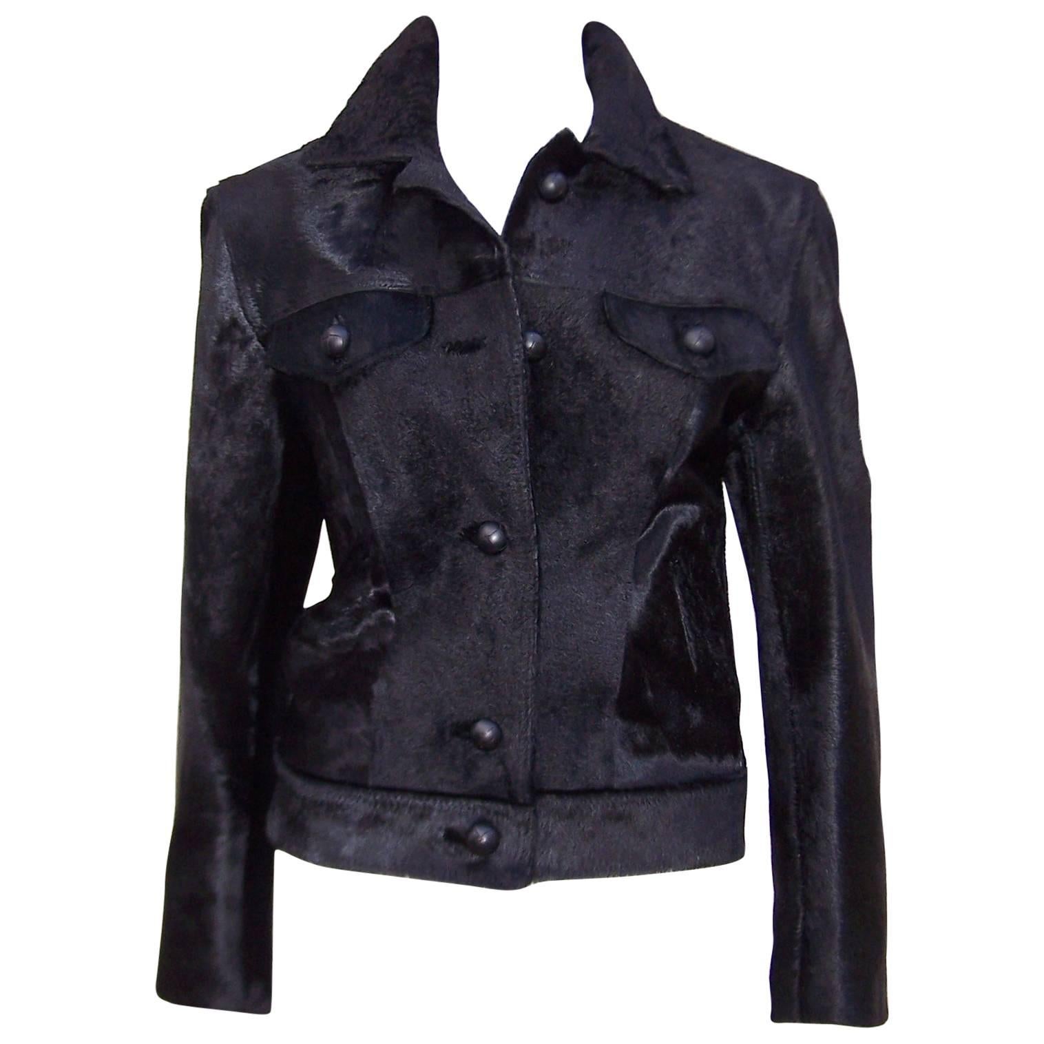 Fierce 1990
s Gianni Versace Black Pony Hair Denim Style Jacket