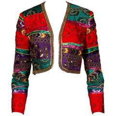 Vintage Metallic Sequin + Beaded Colorful Silk Bolero Jacket