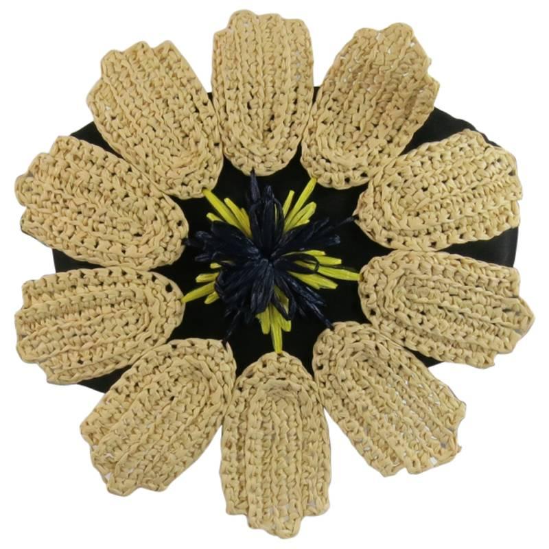 DELPOZO Size 4 Black Beige & Yellow Navy Oversized Straw Flower Bustier