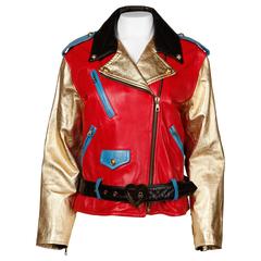 1990s Moschino Leather Vintage Metallic Gold Color Block Motorcycle Jacket 8