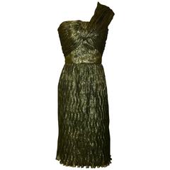 Oscar de la Renta Metallic Gold Crinkle One Shoulder Cocktail Dress