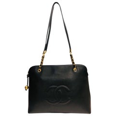 Retro Unused Chanel Black Caviar Embossed CC Shoulder Tote Bag 