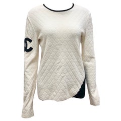 Chanel White Quilted Embroidered Black CC Logo Sweater 