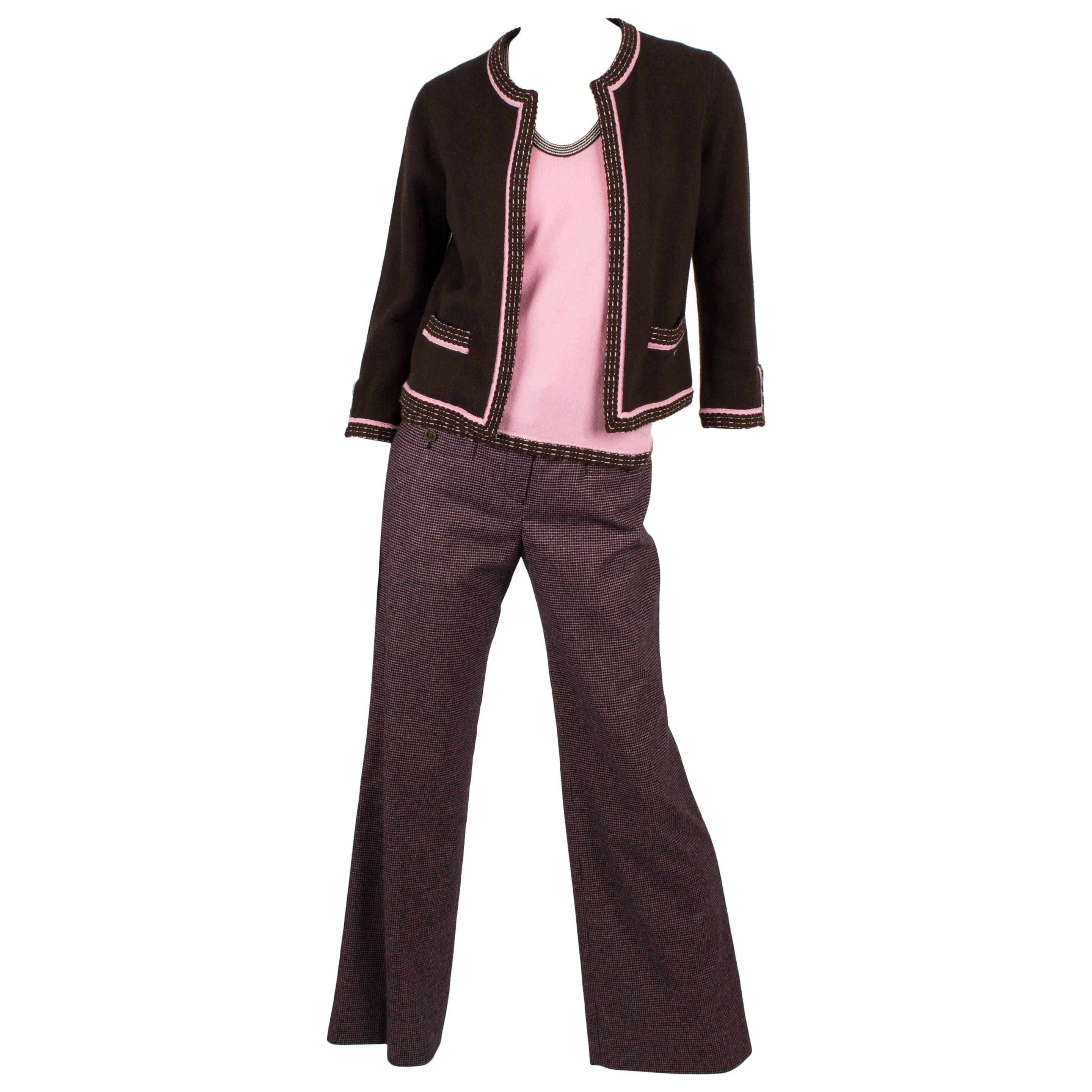 Chanel Cardigan/Top/Pants 3-pcs Suit - brown/pink For Sale