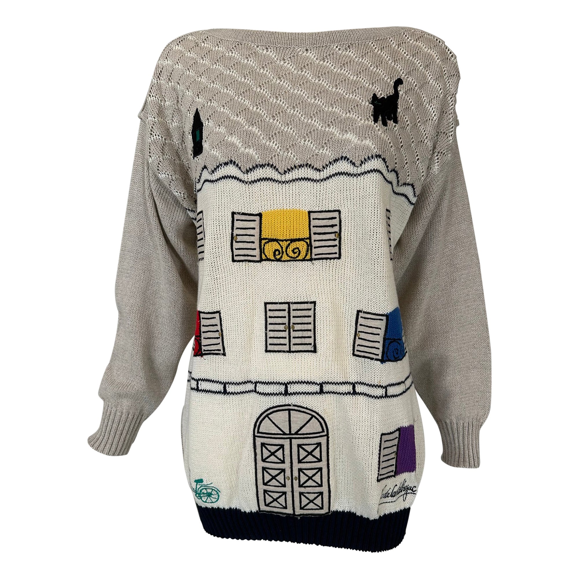 Jean-Charles de Castelbajac Linen Knit Applique Charming House with Cat Sweater  For Sale