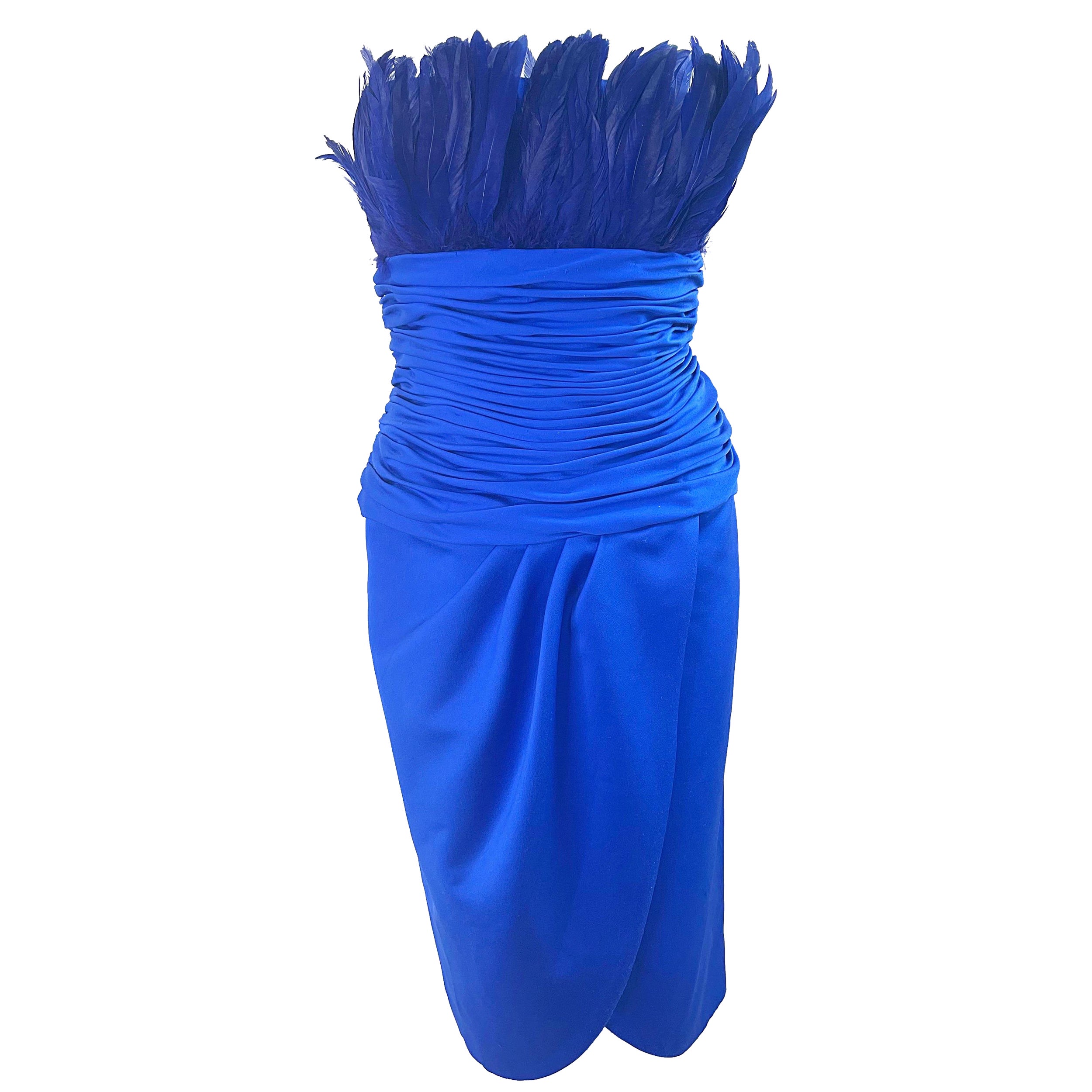 1980s Victor Costa Size XS Royal Blue Feather Bust Strapless 80s Dress For Sale