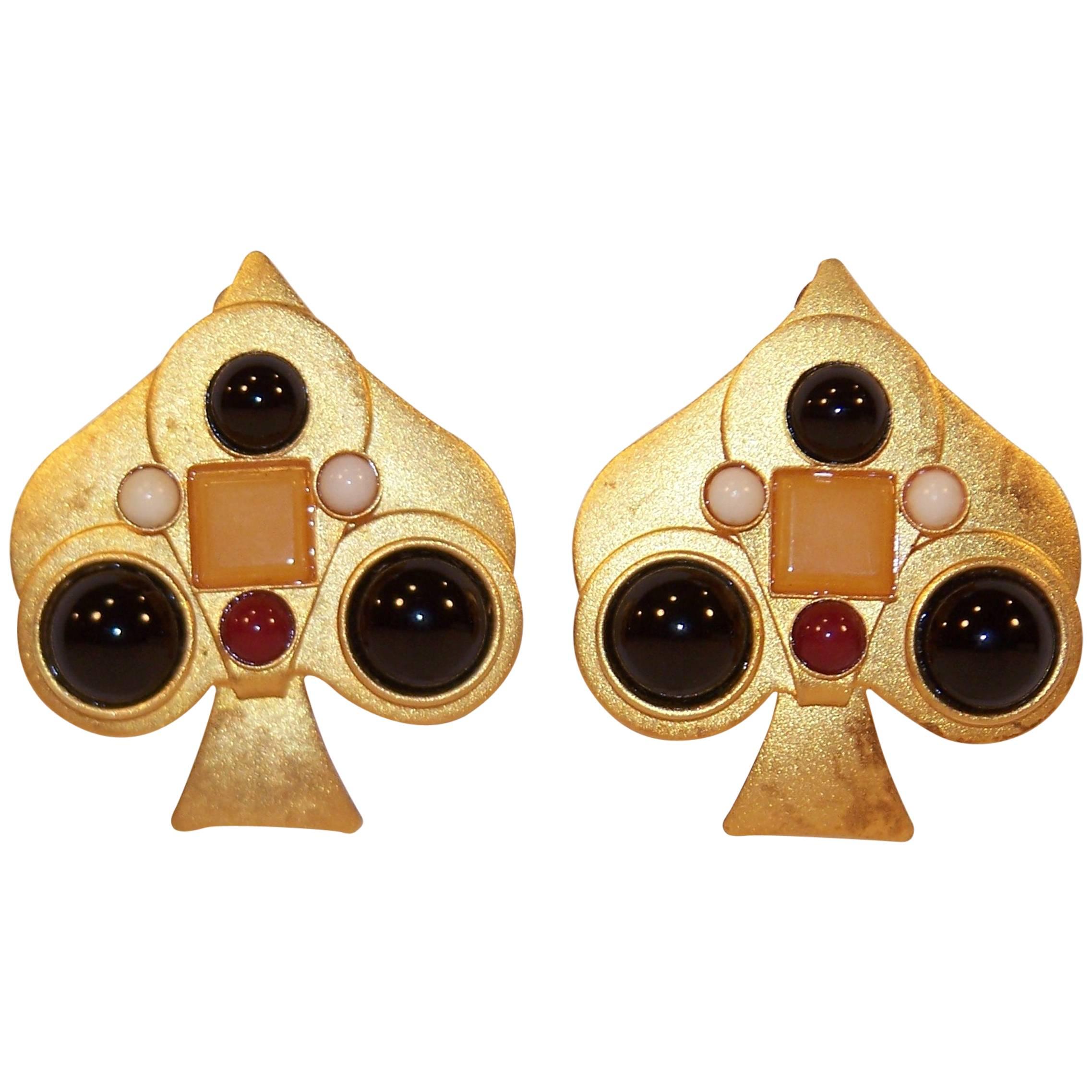 Ace of Spades 1980's Gale Rothstein Clip-On Earrings With Semi Precious Stones