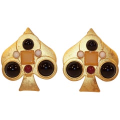 Vintage Ace of Spades 1980's Gale Rothstein Clip-On Earrings With Semi Precious Stones