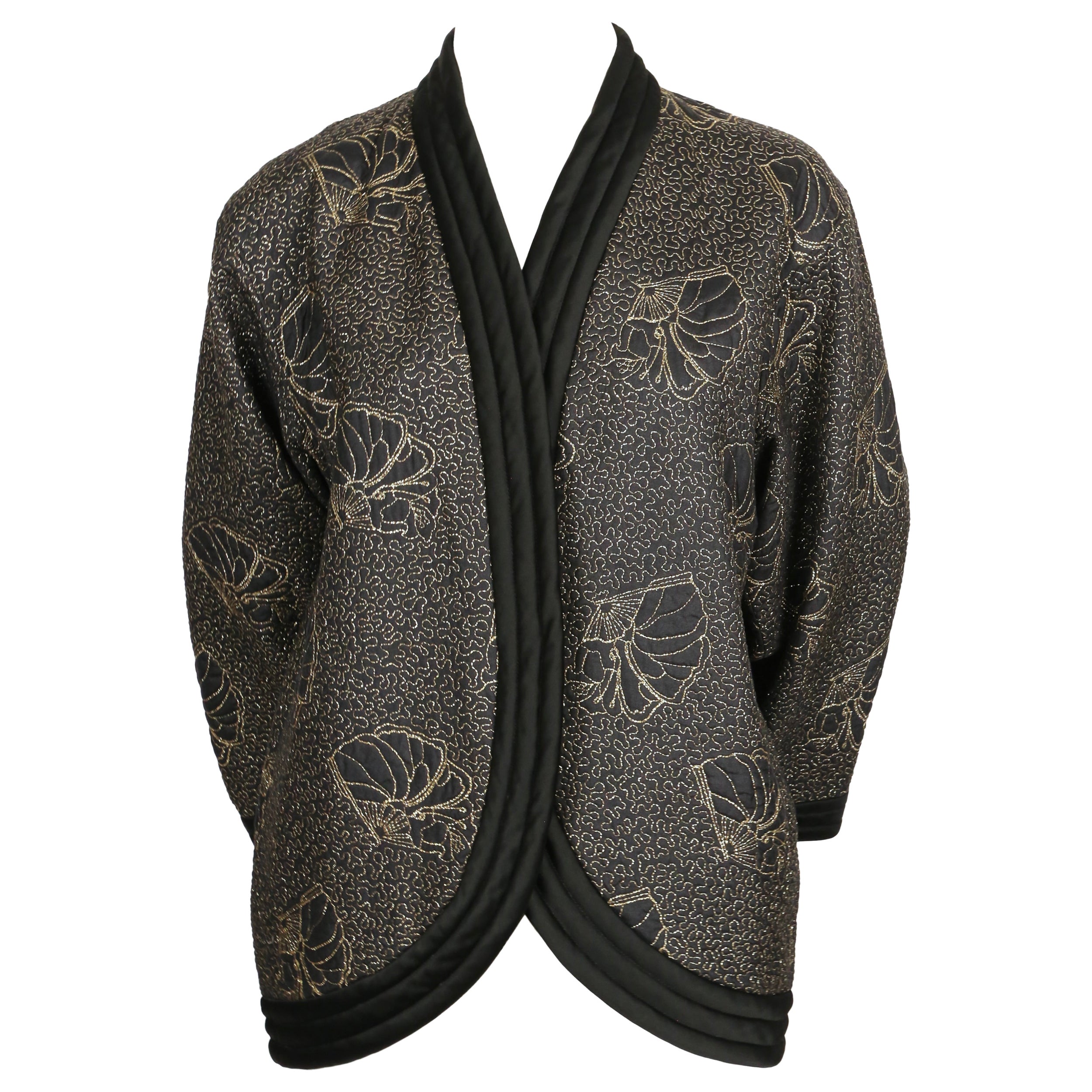 1979 YVES SAINT LAURENT black satin kimono jacket with gold seashell embroidery For Sale