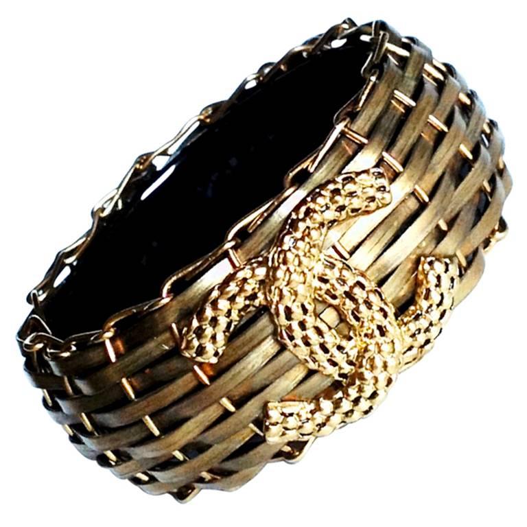 BRAND NEW RARE Chanel ✿*ﾟ BRONZE Metal BAMBOO BASKET Resin Bangle Cuff Bracelet For Sale