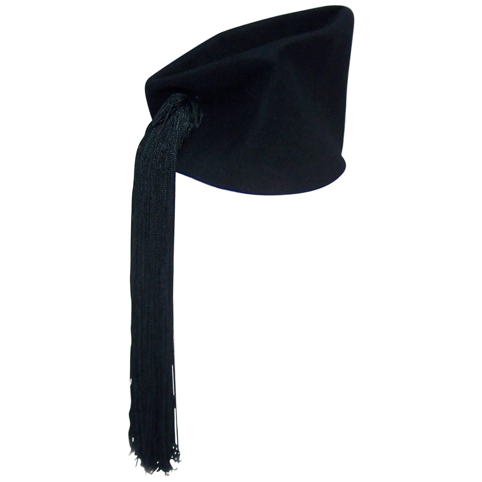 Dramatic 1940's Roberta Bernays Black Tilt Hat With Tassel