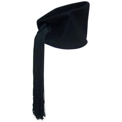 Vintage Dramatic 1940's Roberta Bernays Black Tilt Hat With Tassel
