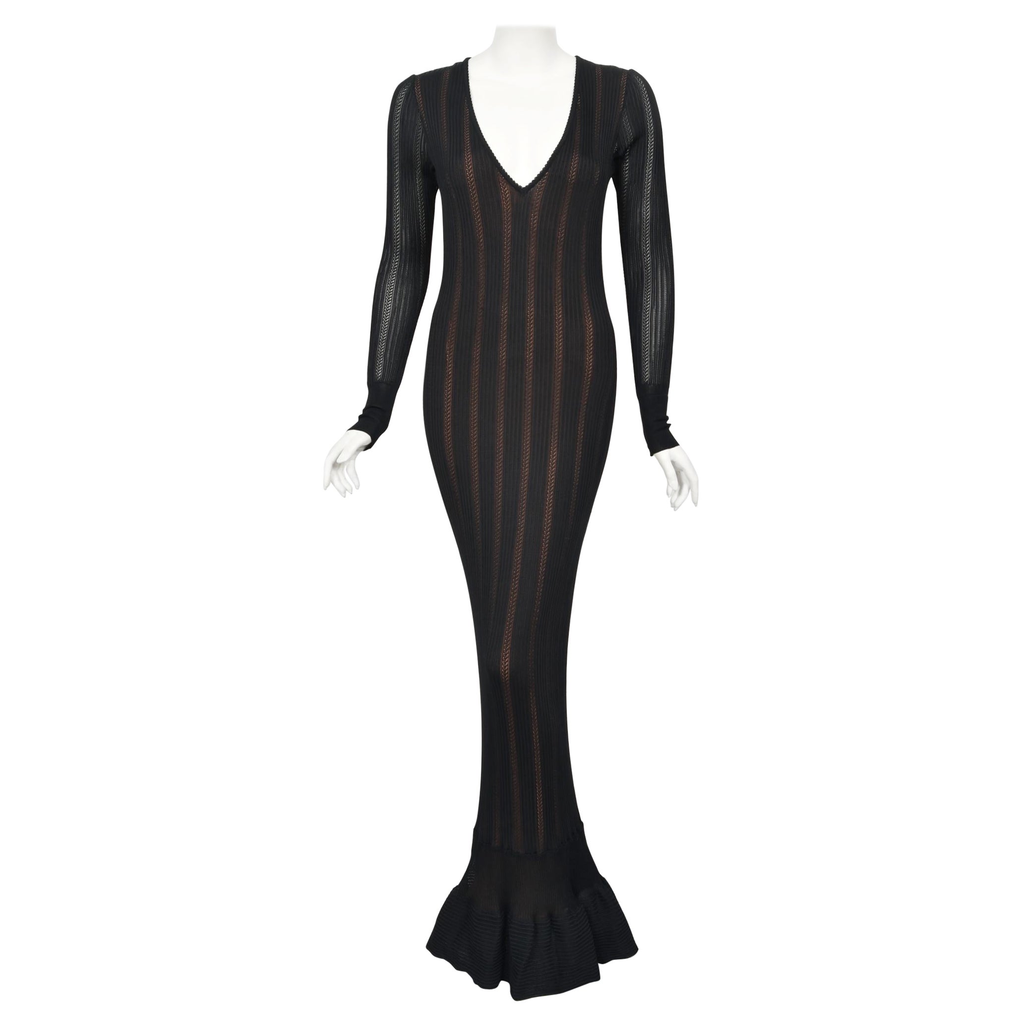 1996 Azzedine Alaia Documented Rare Nude Illusion Knit Bodycon Floor Length Gown For Sale