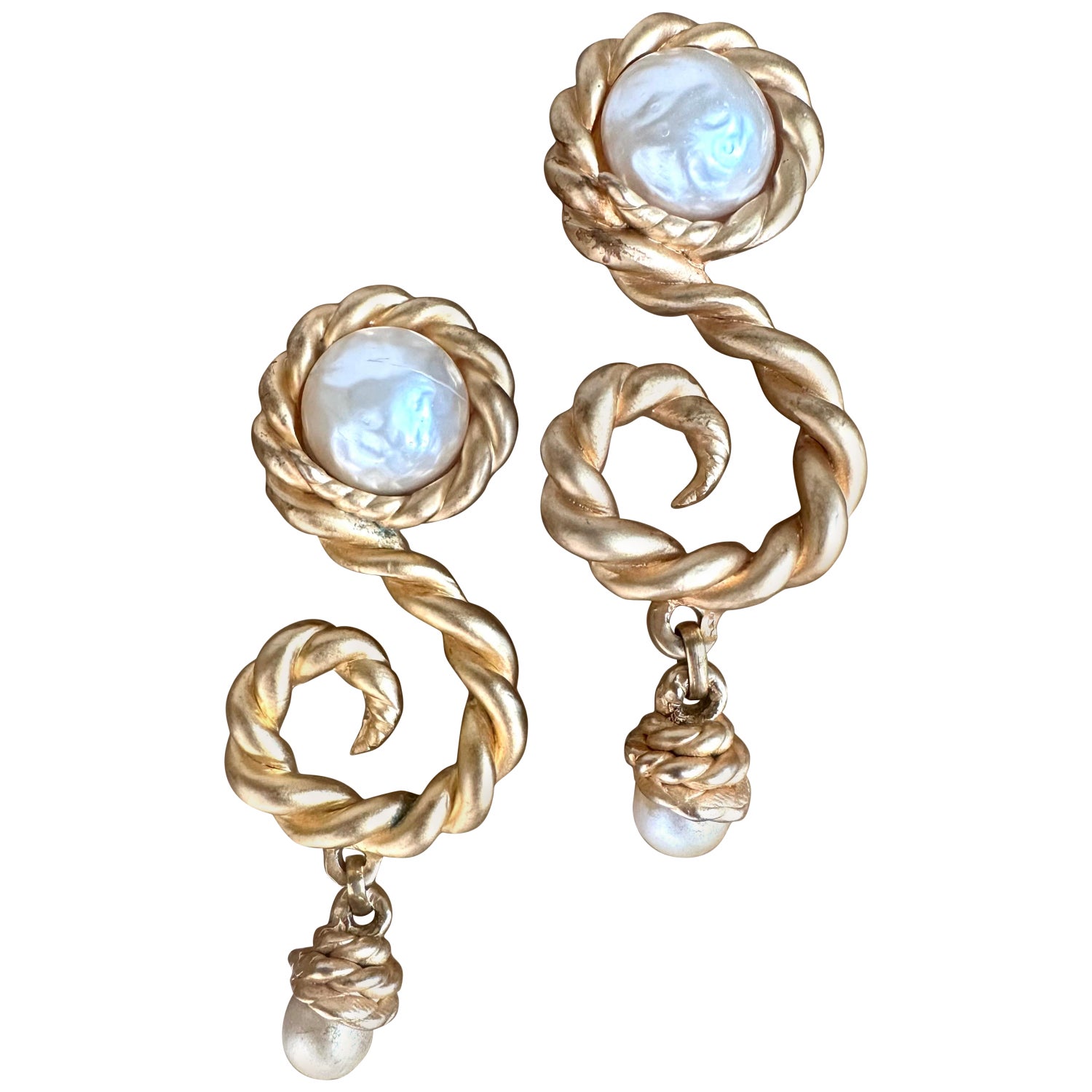 Chanel Classic Gold Twisted CC Pearl Stone Piercing Earrings at 1stDibs