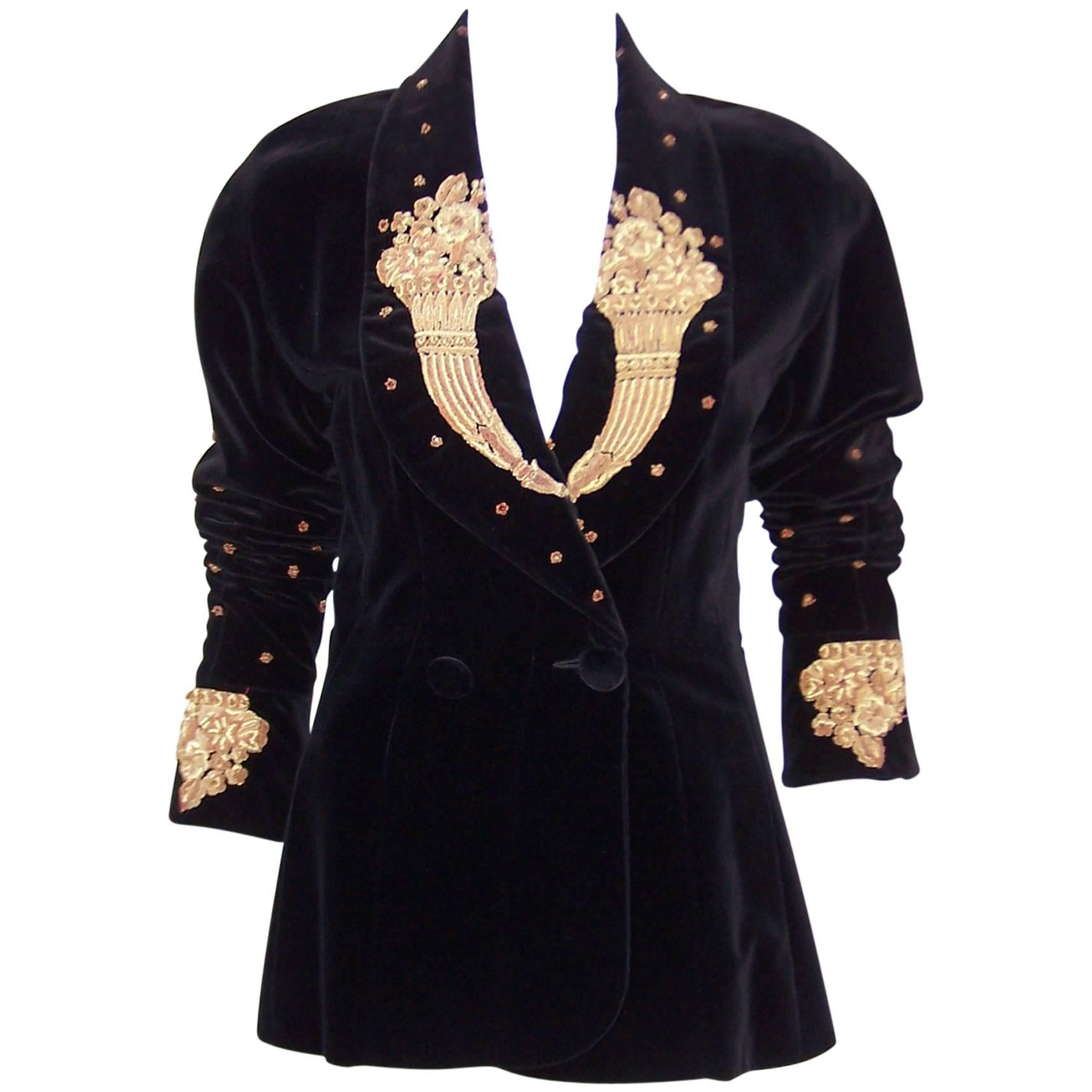 1980's Karl Lagerfeld Black Velvet Jacket With Intricate Gold Braid & Beading