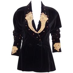 Vintage 1980's Karl Lagerfeld Black Velvet Jacket With Intricate Gold Braid & Beading