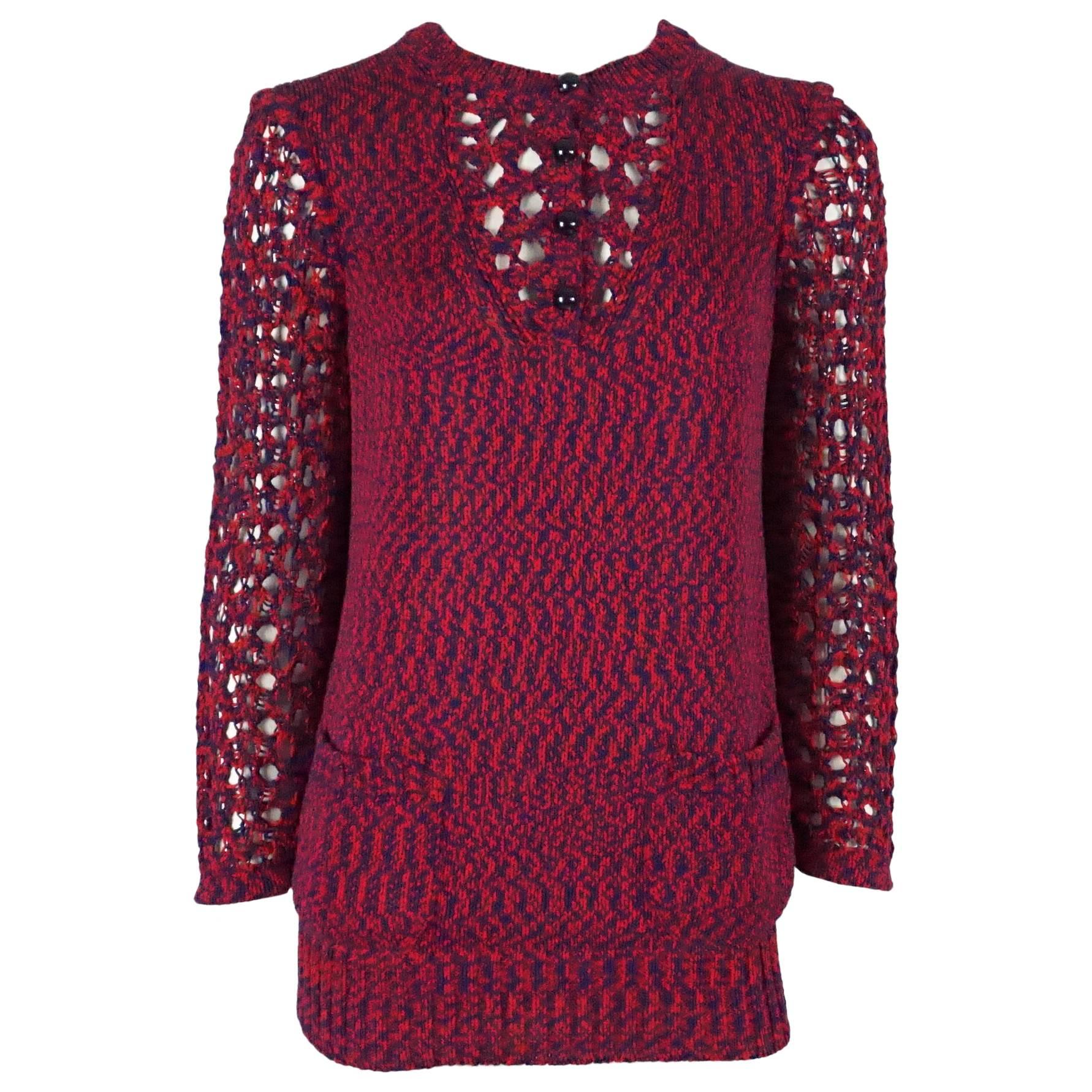 Chanel Runway Spring 2014 Red and Blue Cotton Knit Crochet Sweater - Size 40