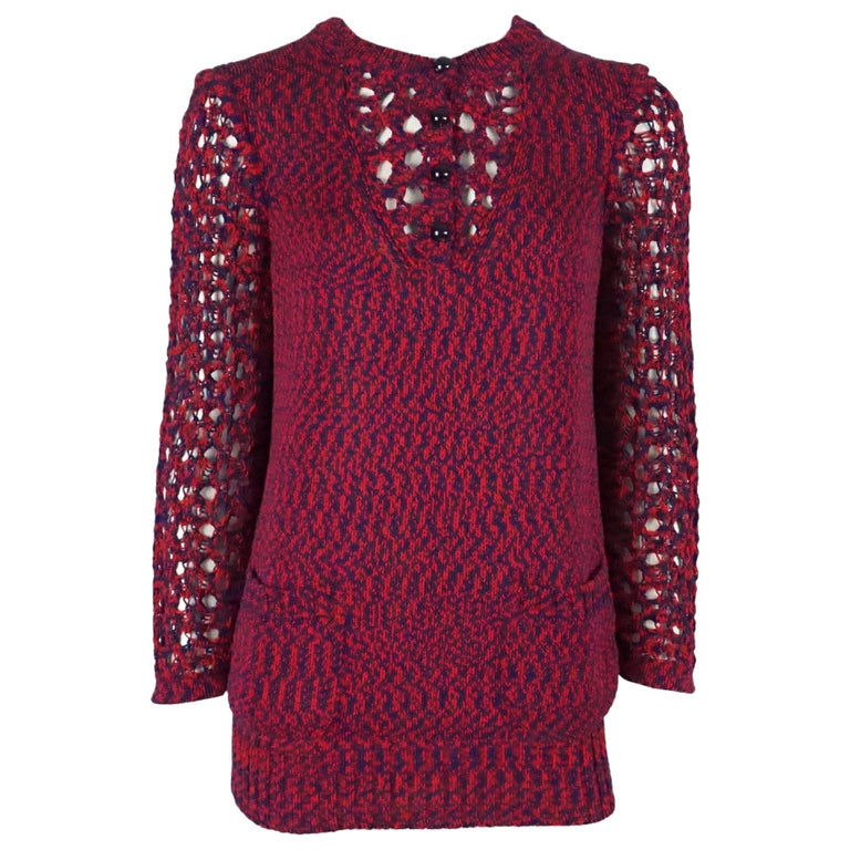 Chanel Runway Spring 2014 Red and Blue Cotton Knit Crochet Sweater