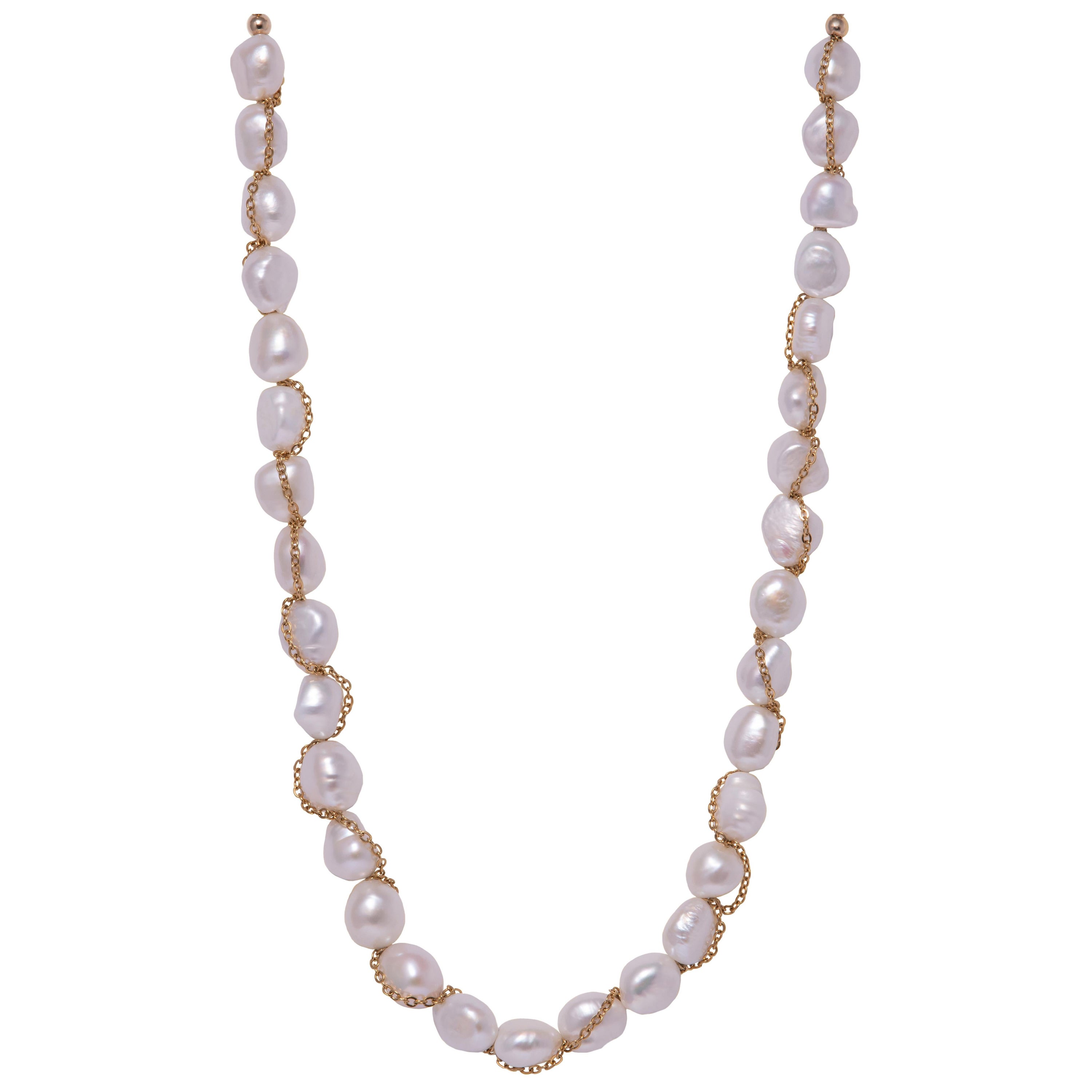 White Freshwater Baroque Pearl Necklace with Gold Plated Stainless Steel Chain For Sale