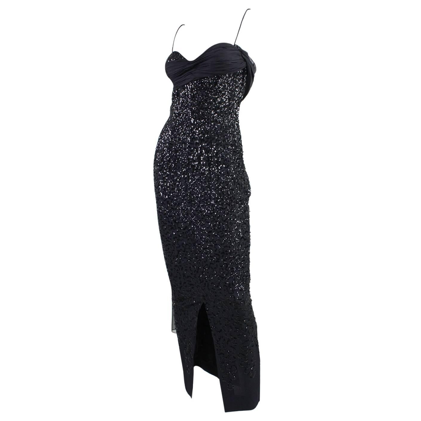 Frank Starr Black Sequined Gown, 1950s  For Sale